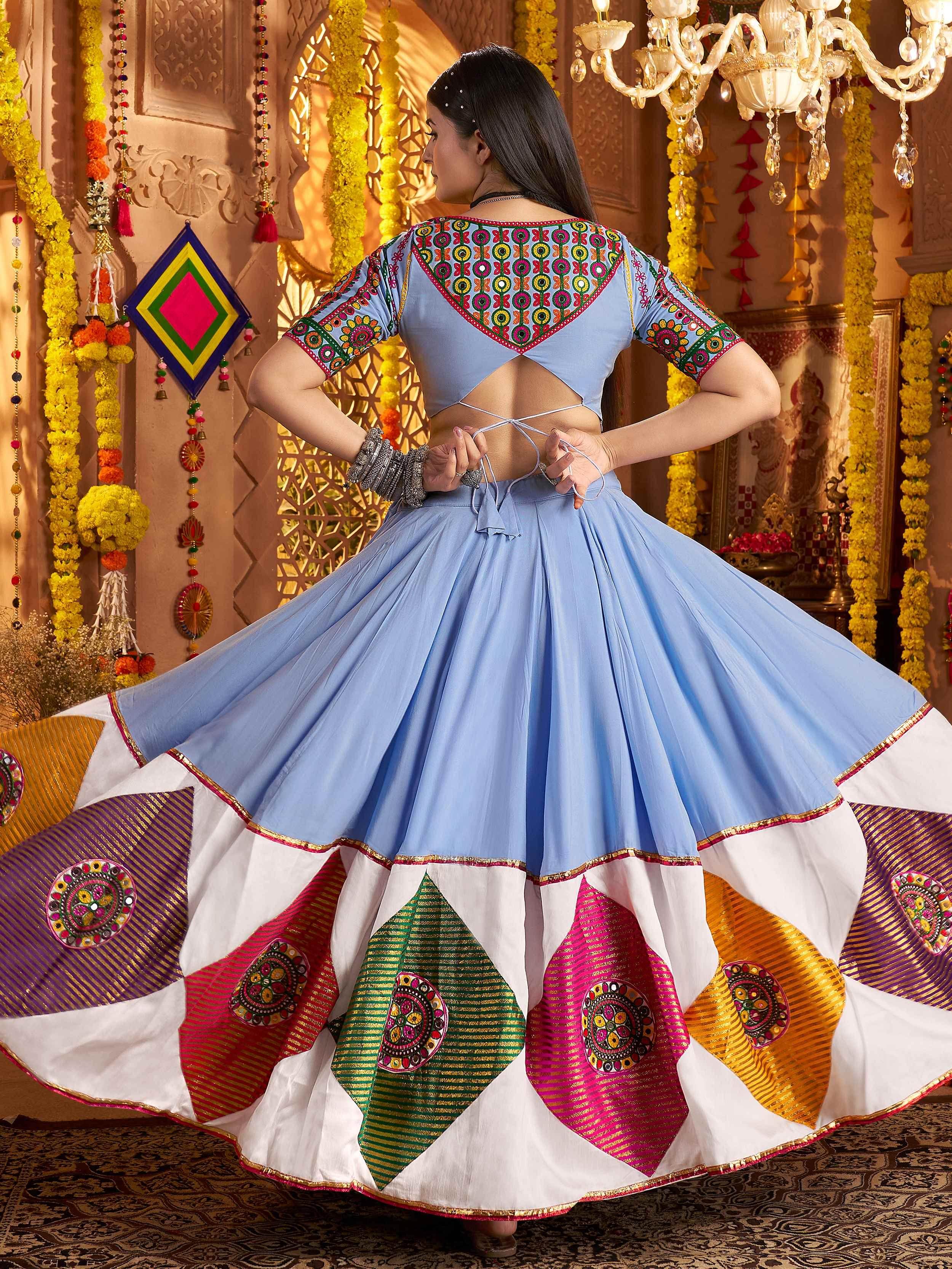 Sky blue viscose cotton thread embroidery Navratri lehenga choli