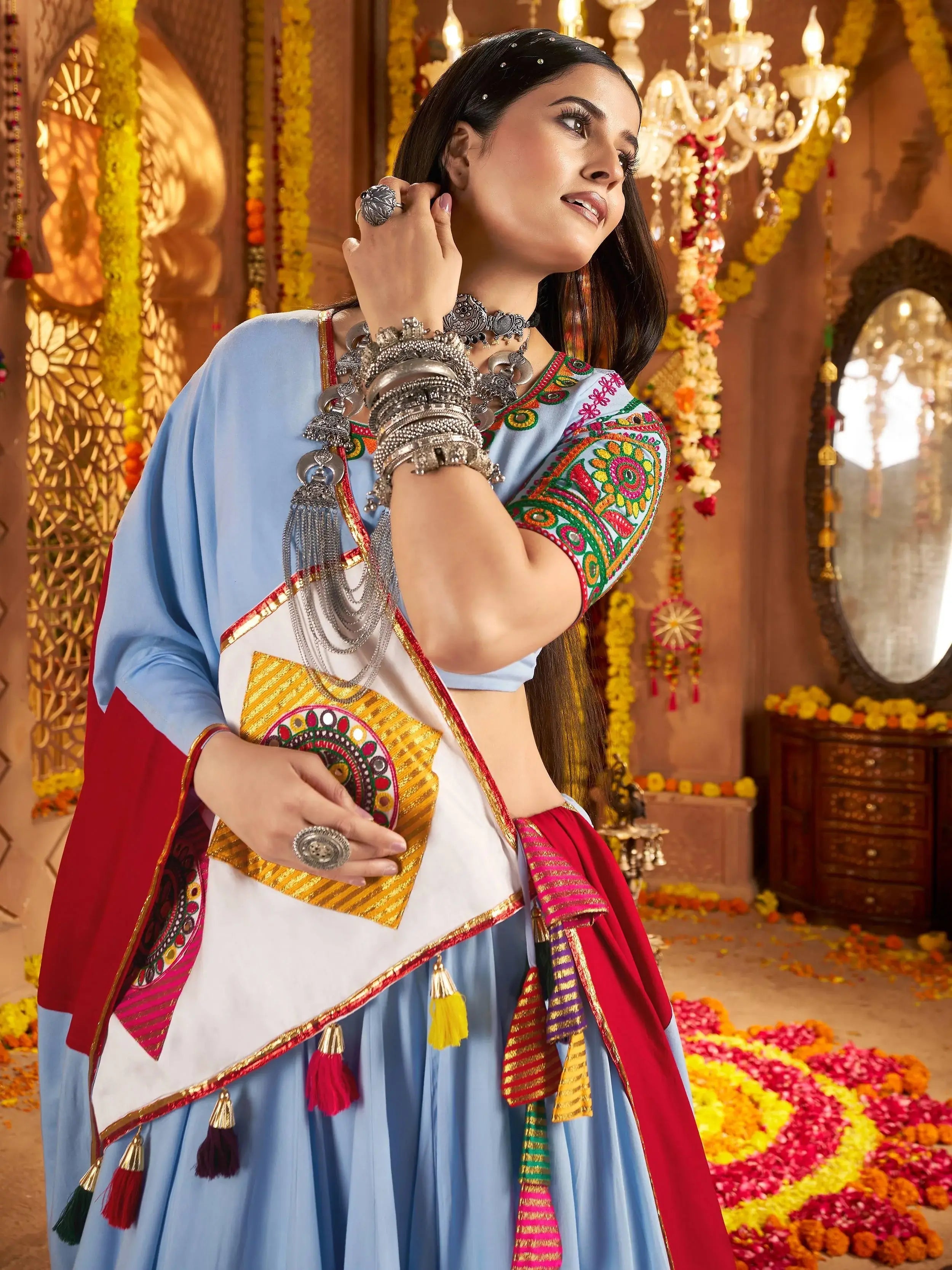 Sky blue viscose cotton thread embroidery Navratri lehenga choli
