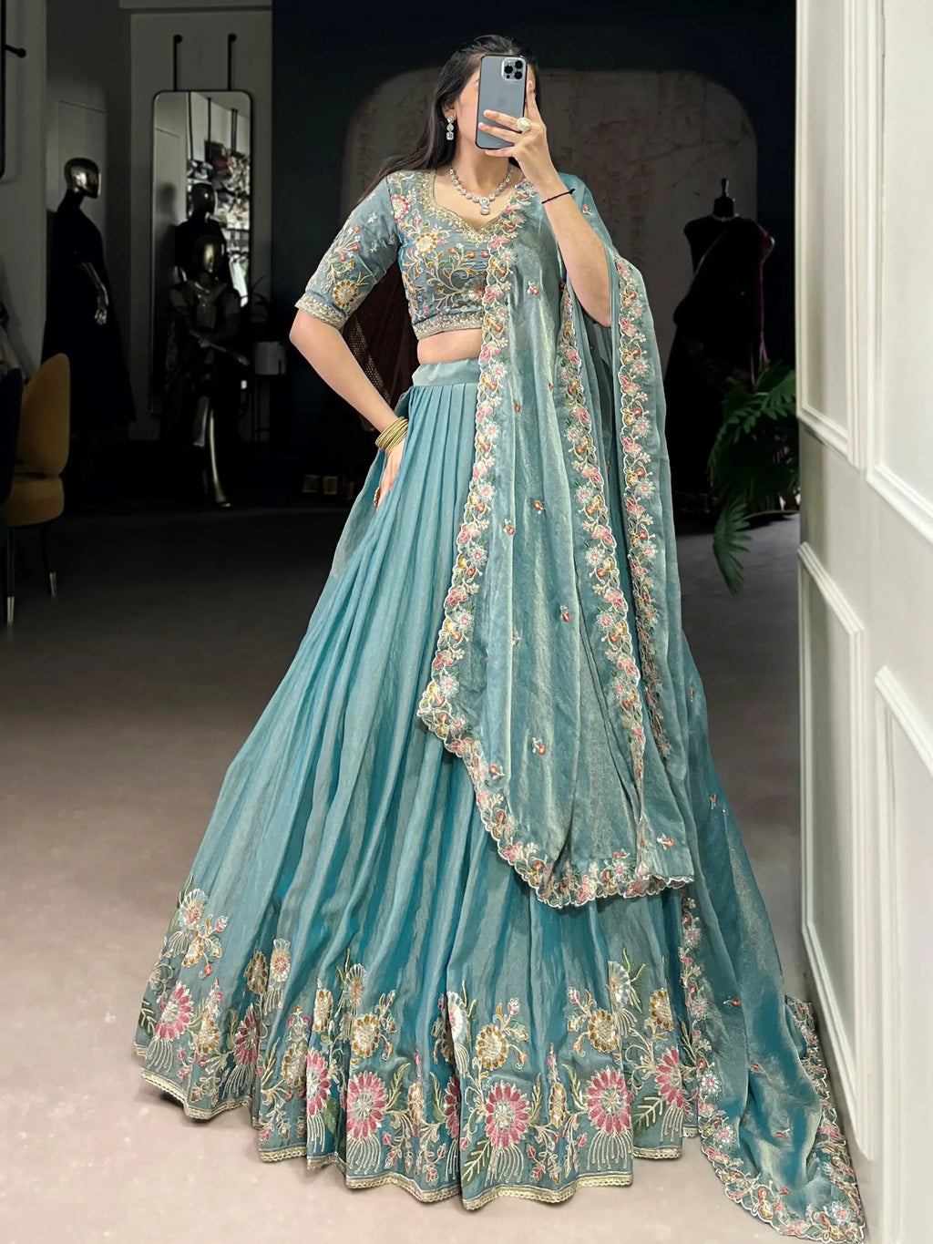 Sky blue zari shimmer sequins and thread embroidery lehenga choli
