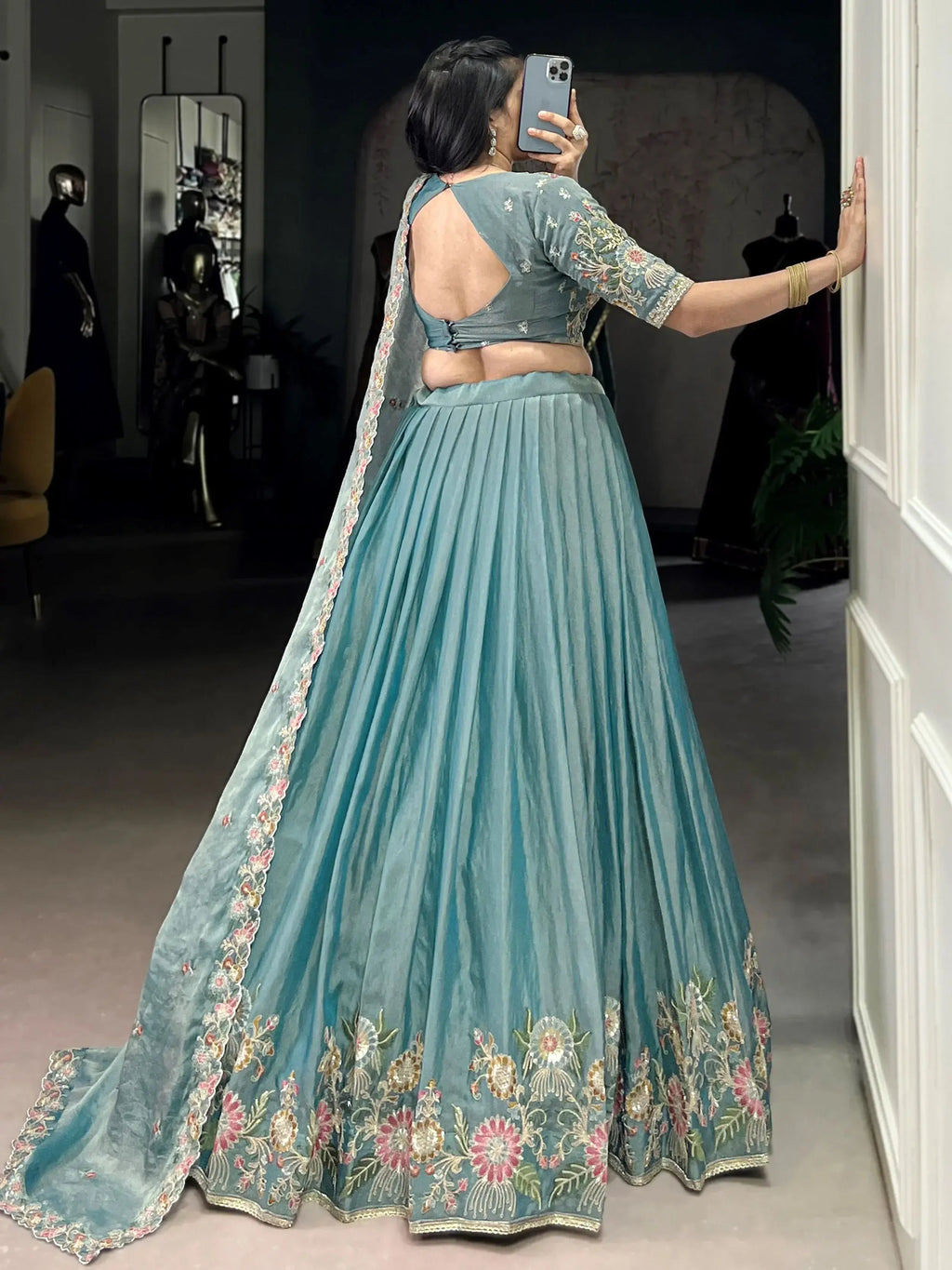 Sky blue zari shimmer sequins and thread embroidery lehenga choli