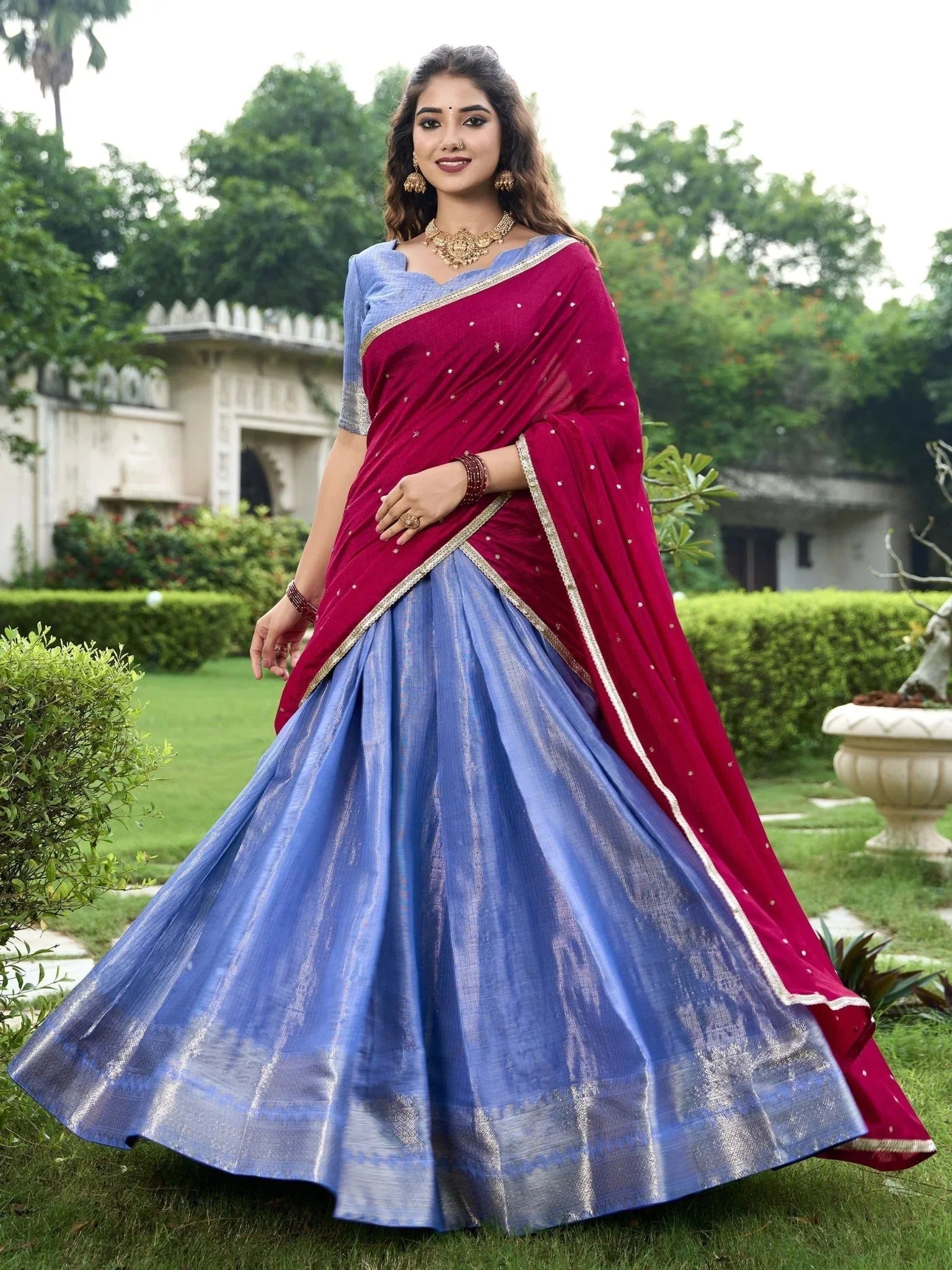 Sky blue kanchipuram silk lehenga choli with zari weaving and sequins embroidery
