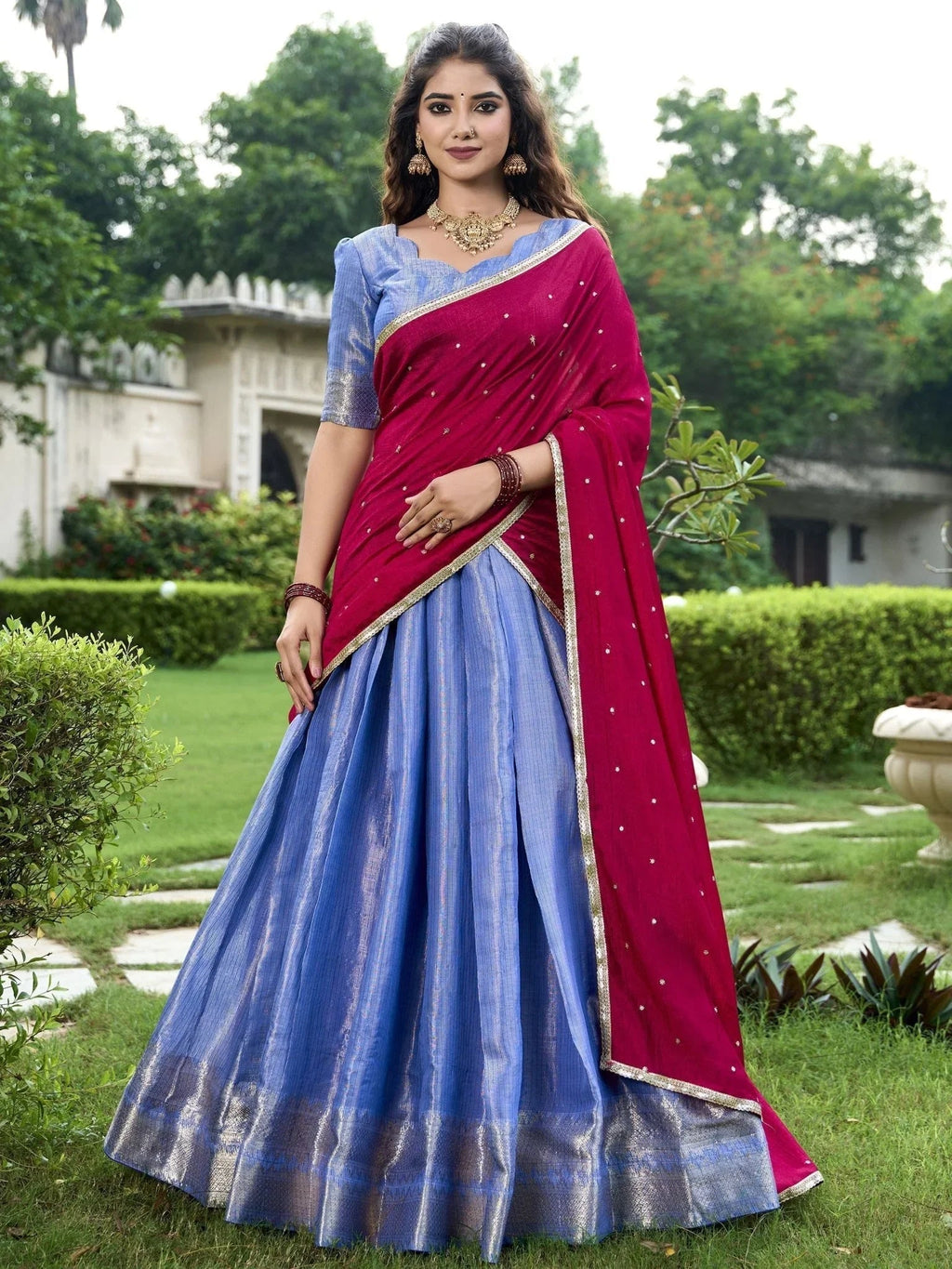 Sky blue kanchipuram silk lehenga choli with zari weaving and sequins embroidery
