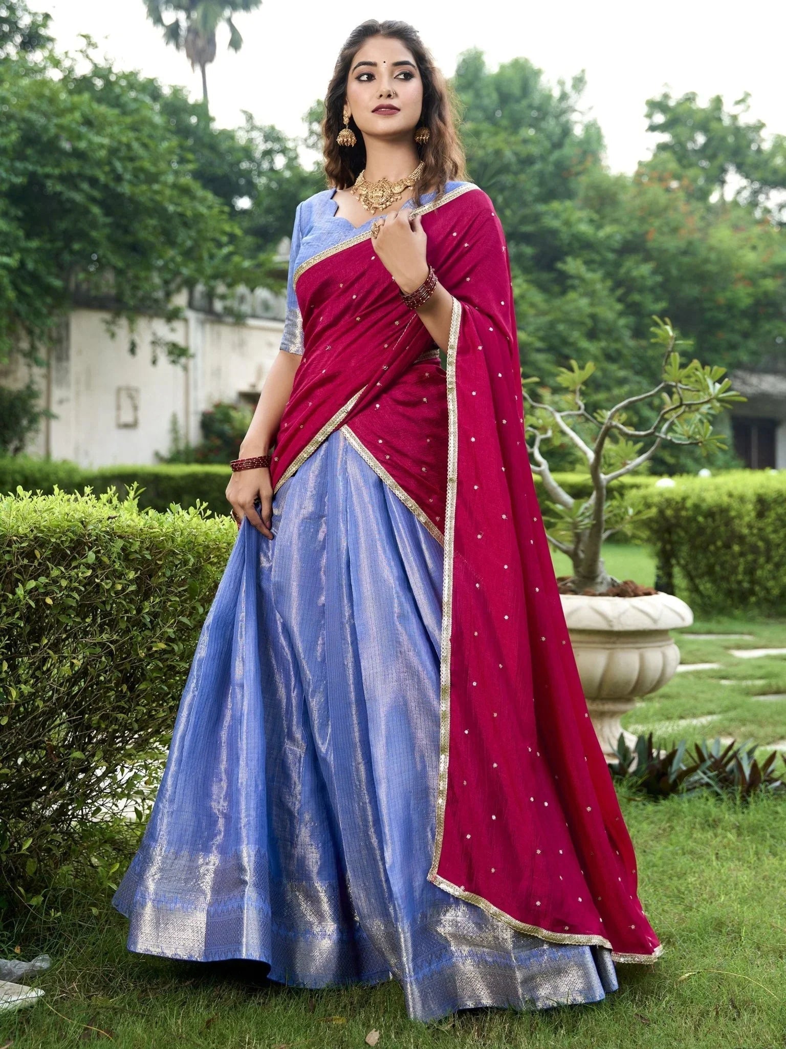 Sky blue kanchipuram silk lehenga choli with zari weaving and sequins embroidery
