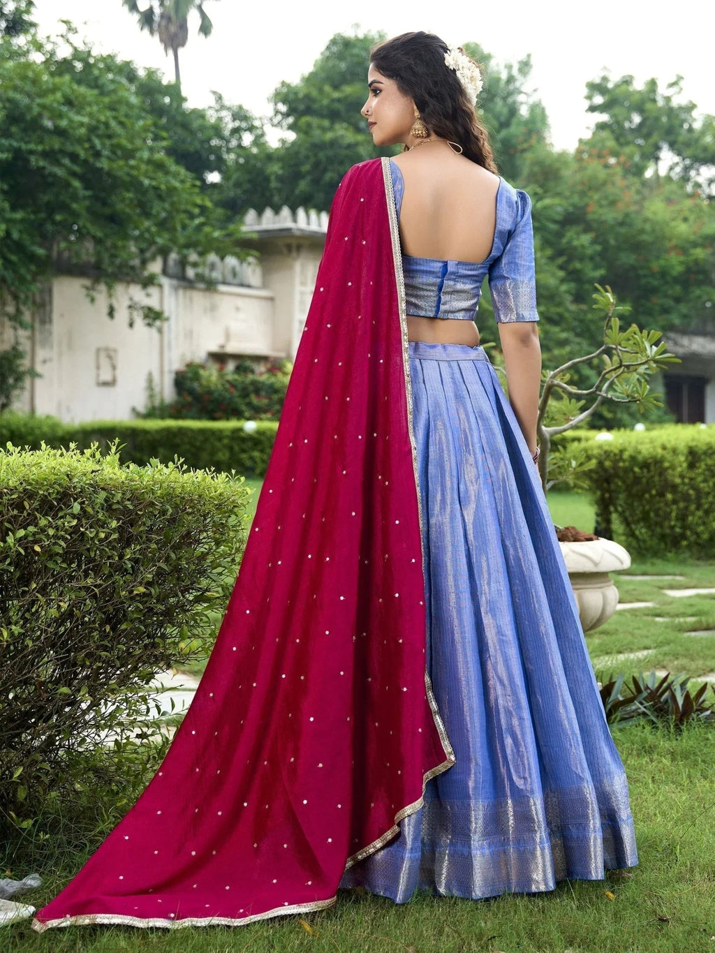 Sky blue kanchipuram silk lehenga choli with zari weaving and sequins embroidery
