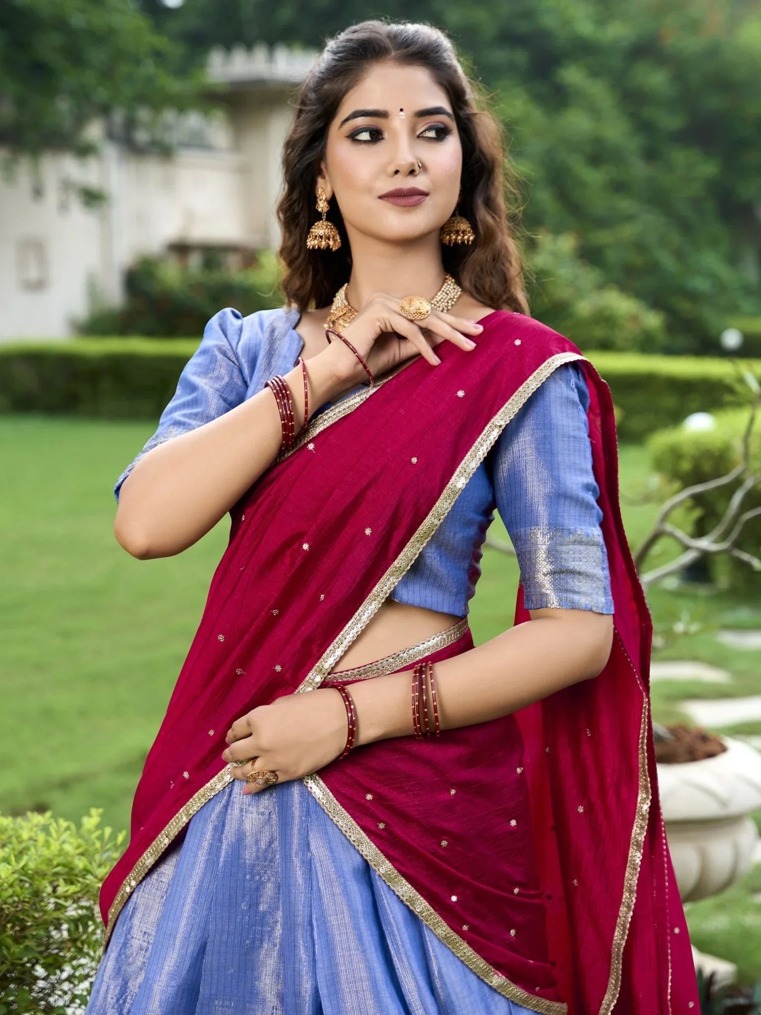 Sky blue kanchipuram silk lehenga choli with zari weaving and sequins embroidery
