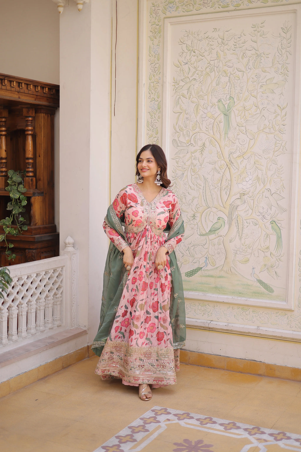Swara pink digital printed russian silk alia cut gown with dupatta set
