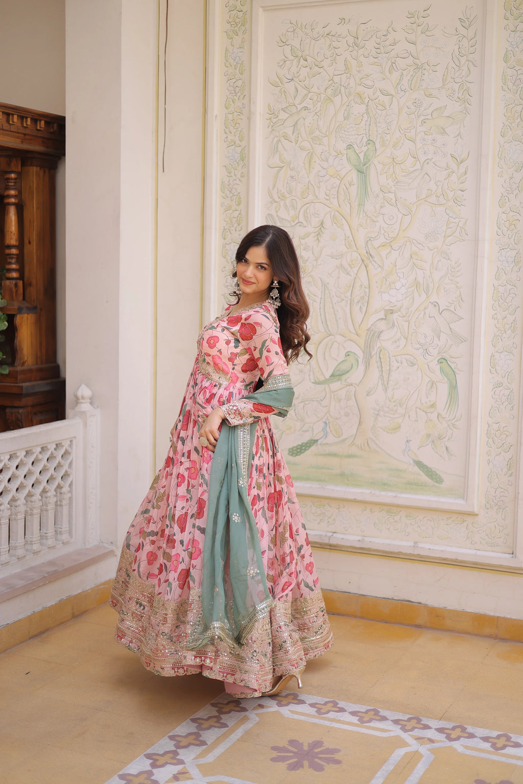 Swara pink digital printed russian silk alia cut gown with dupatta set