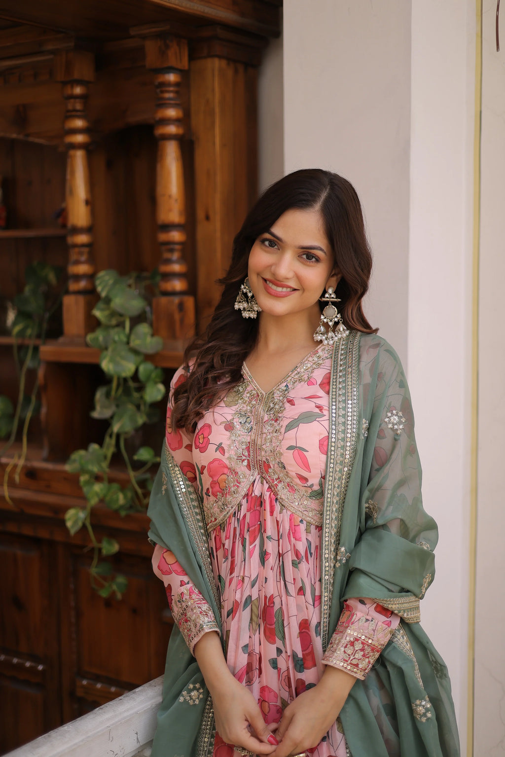 Swara pink digital printed russian silk alia cut gown with dupatta set