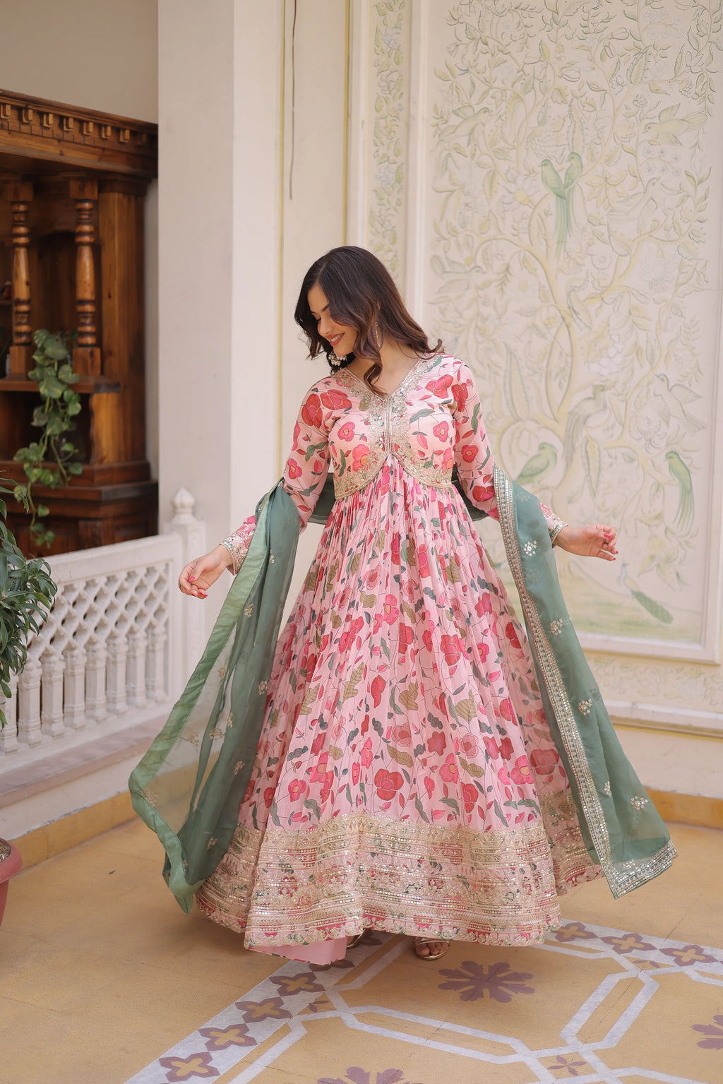 Swara pink digital printed russian silk alia cut gown with dupatta set