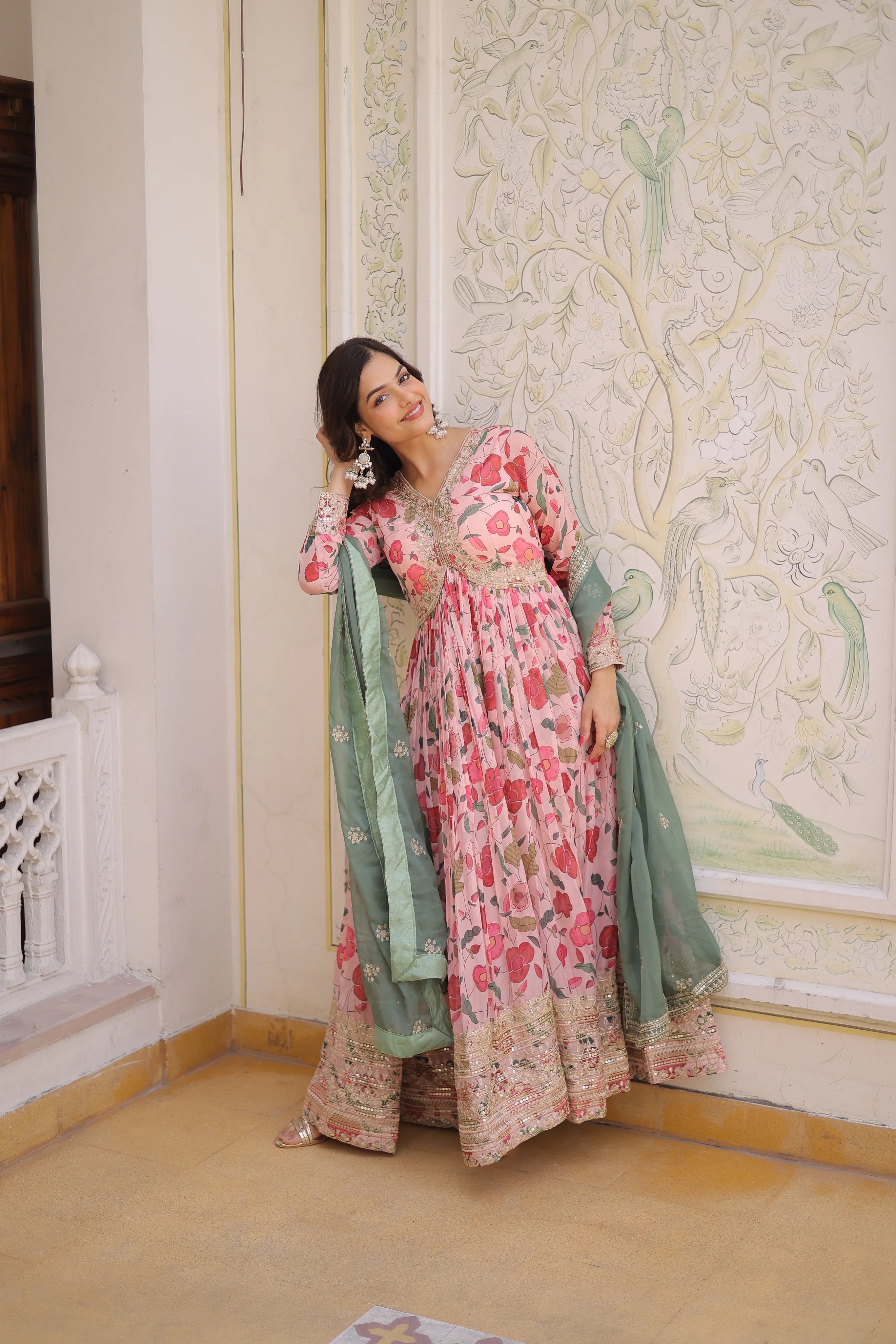 Swara pink digital printed russian silk alia cut gown with dupatta set
