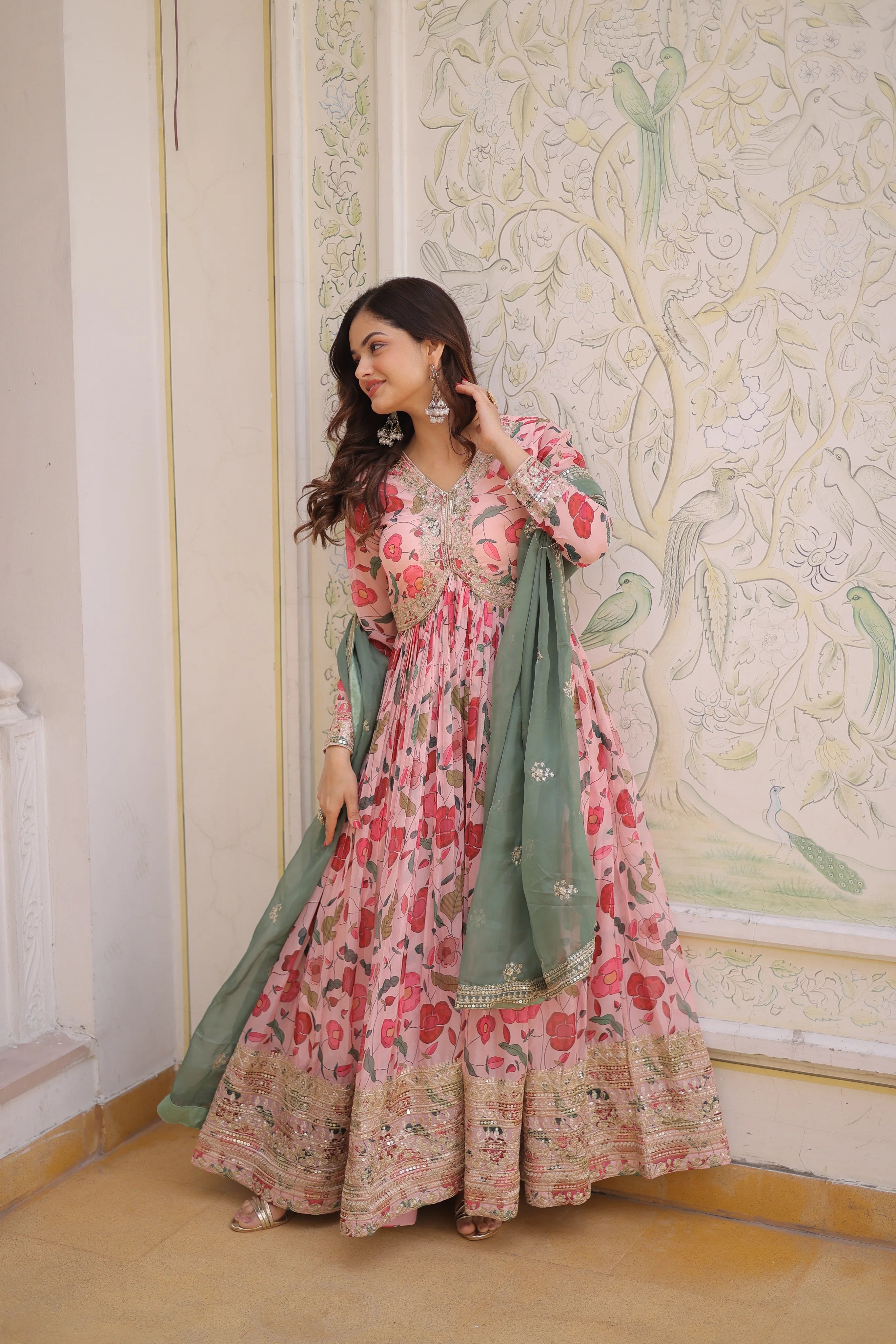 Swara pink digital printed russian silk alia cut gown with dupatta set