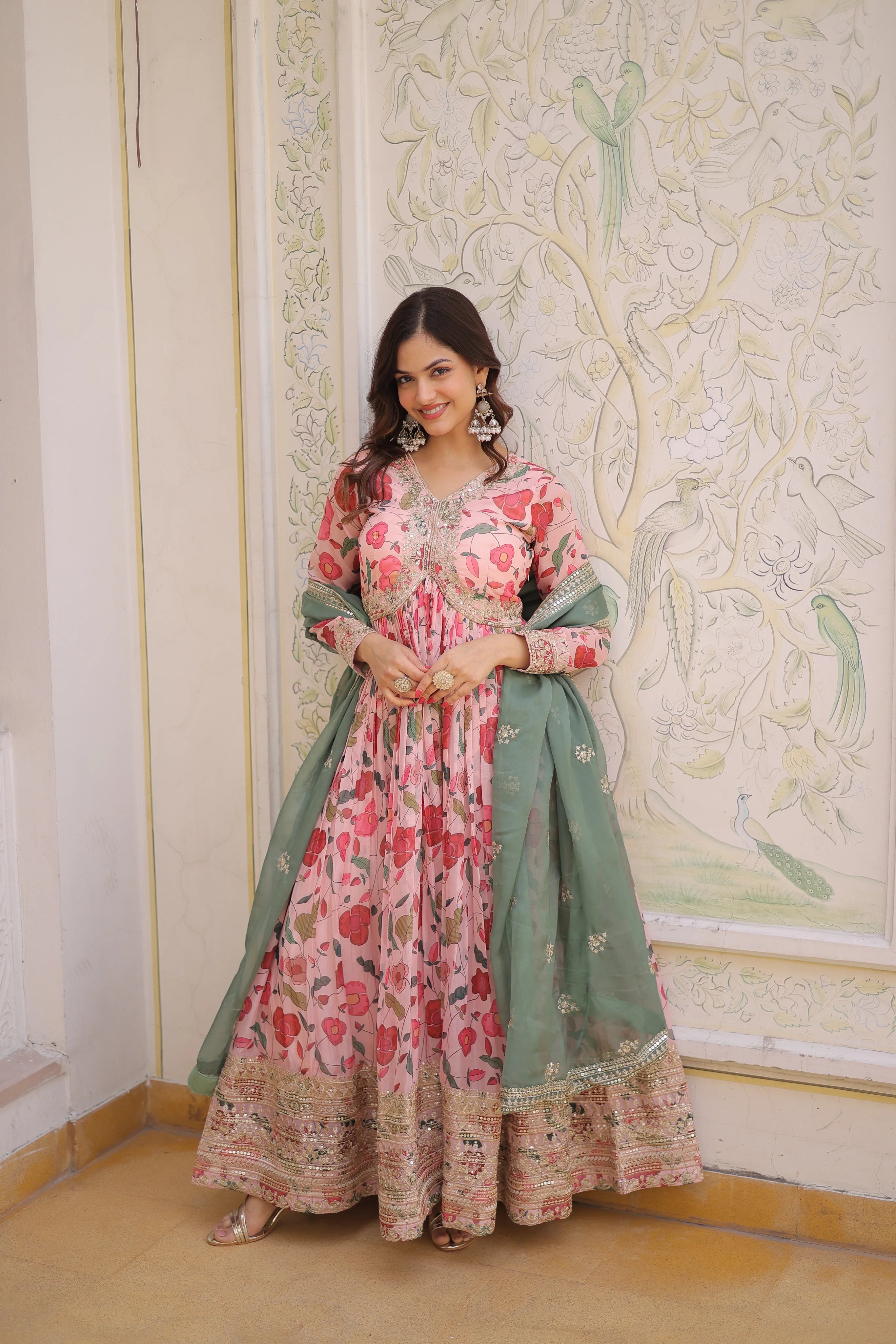 Swara pink digital printed russian silk alia cut gown with dupatta set