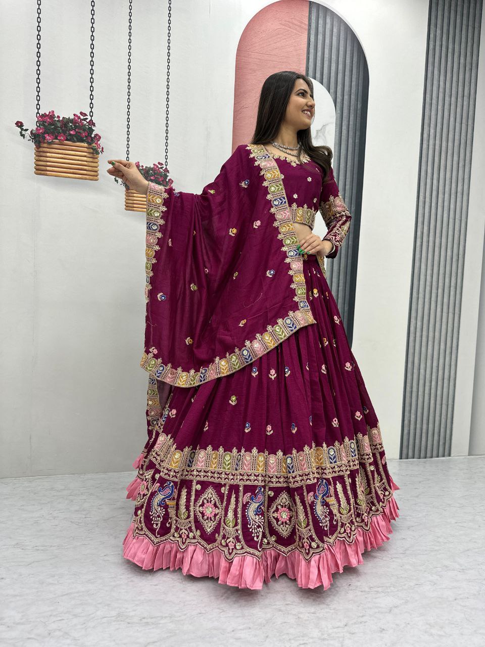 Tashvi deep wine vichitra silk embroidery work lehenga choli set