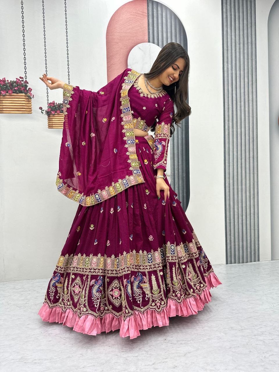 Tashvi deep wine vichitra silk embroidery work lehenga choli set