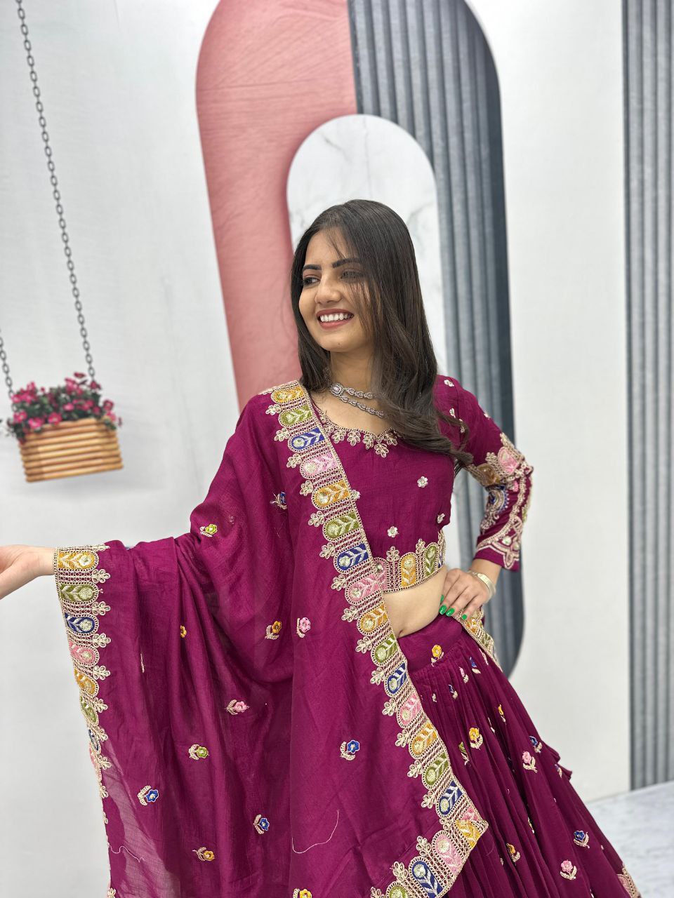 Tashvi deep wine vichitra silk embroidery work lehenga choli set