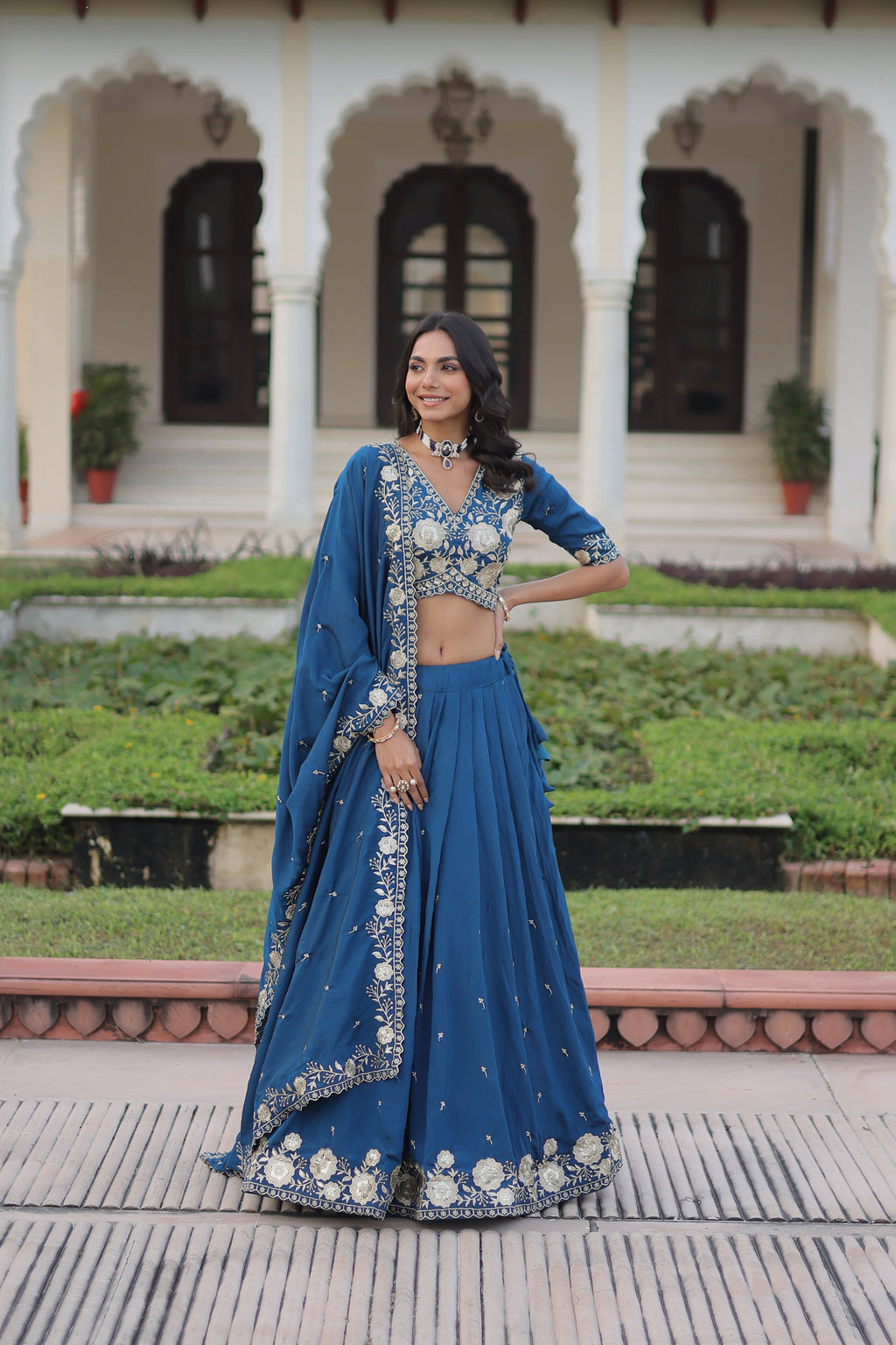 Tavya blue Vichitra silk lehenga choli with sequins thread embroidered work