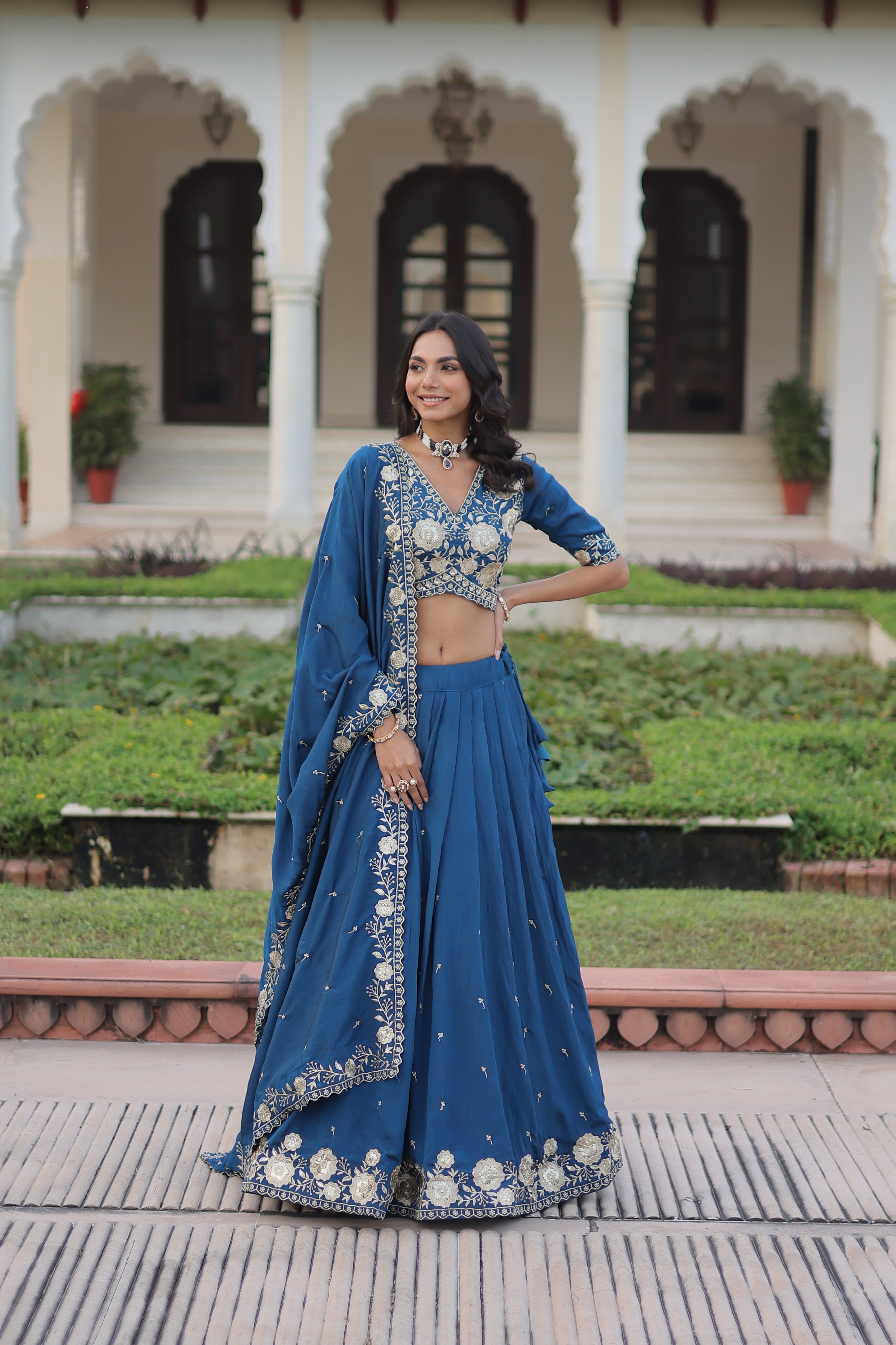Tavya blue Vichitra silk lehenga choli with sequins thread embroidered work
