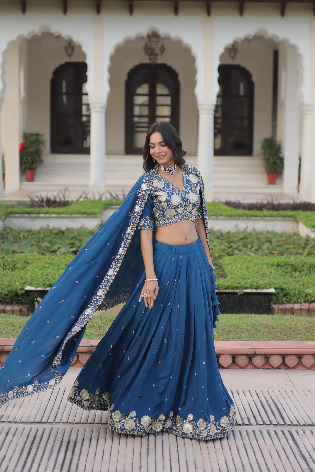 Tavya blue Vichitra silk lehenga choli with sequins thread embroidered work
