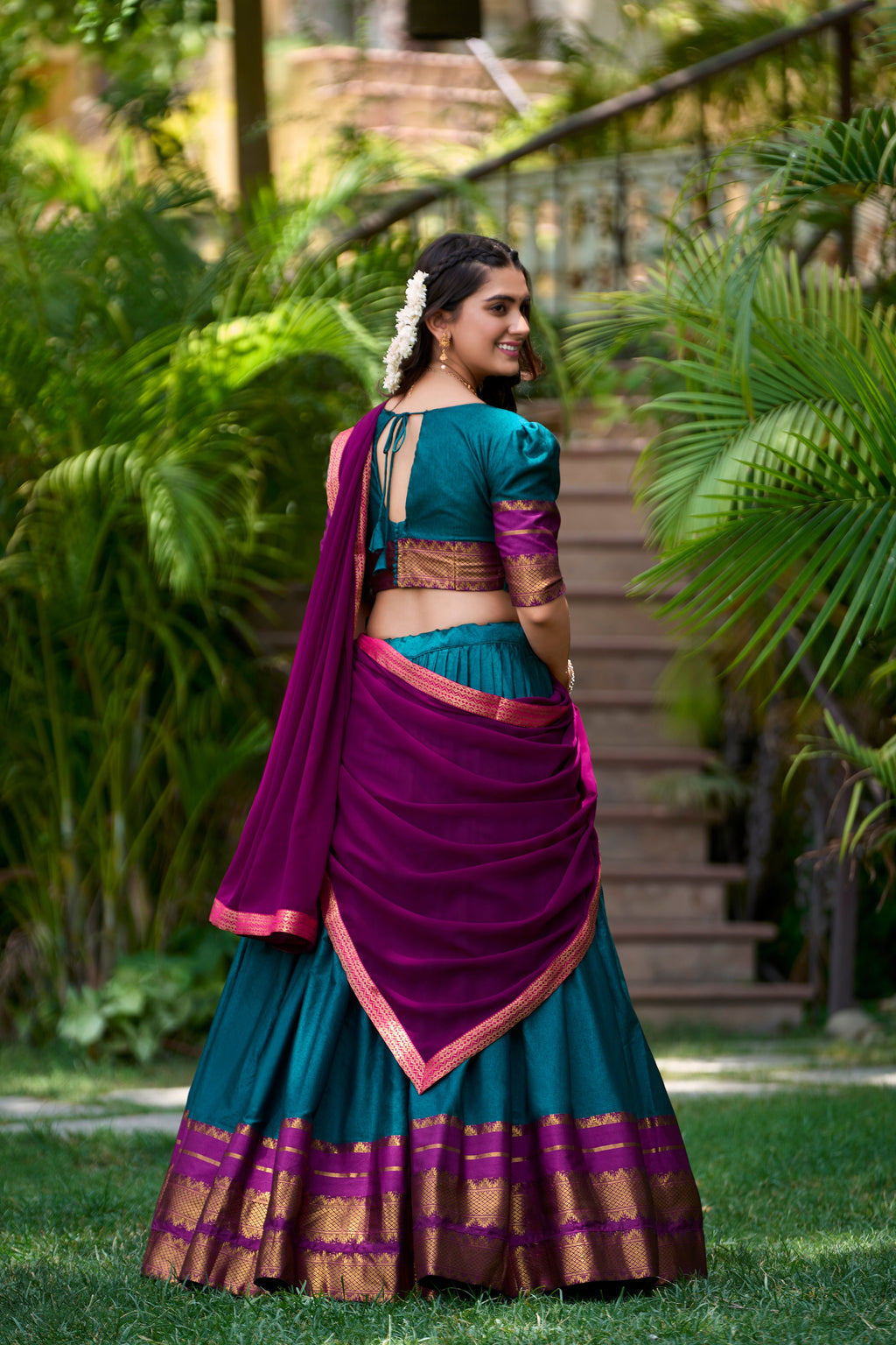 Teal blue poly cotton zari weaving half saree lehenga choli set