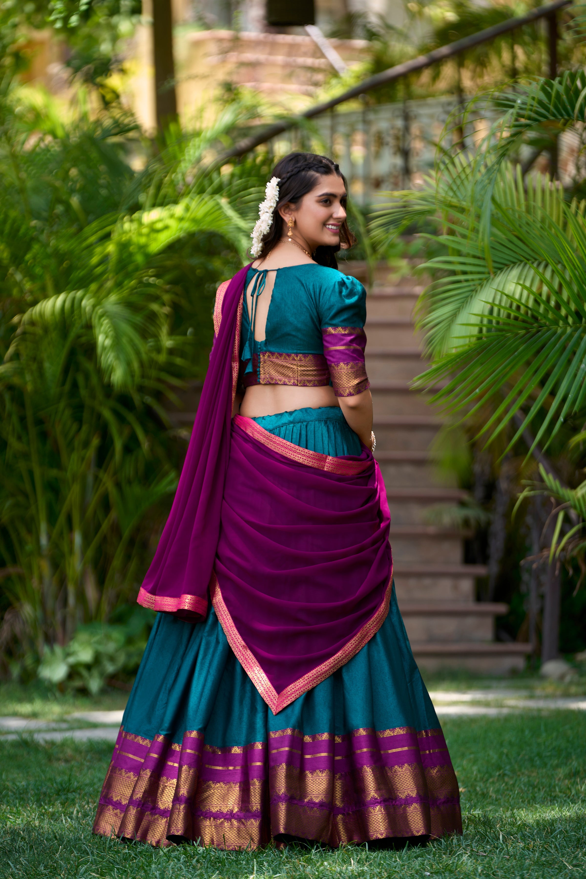 Teal blue poly cotton zari weaving half saree lehenga choli set