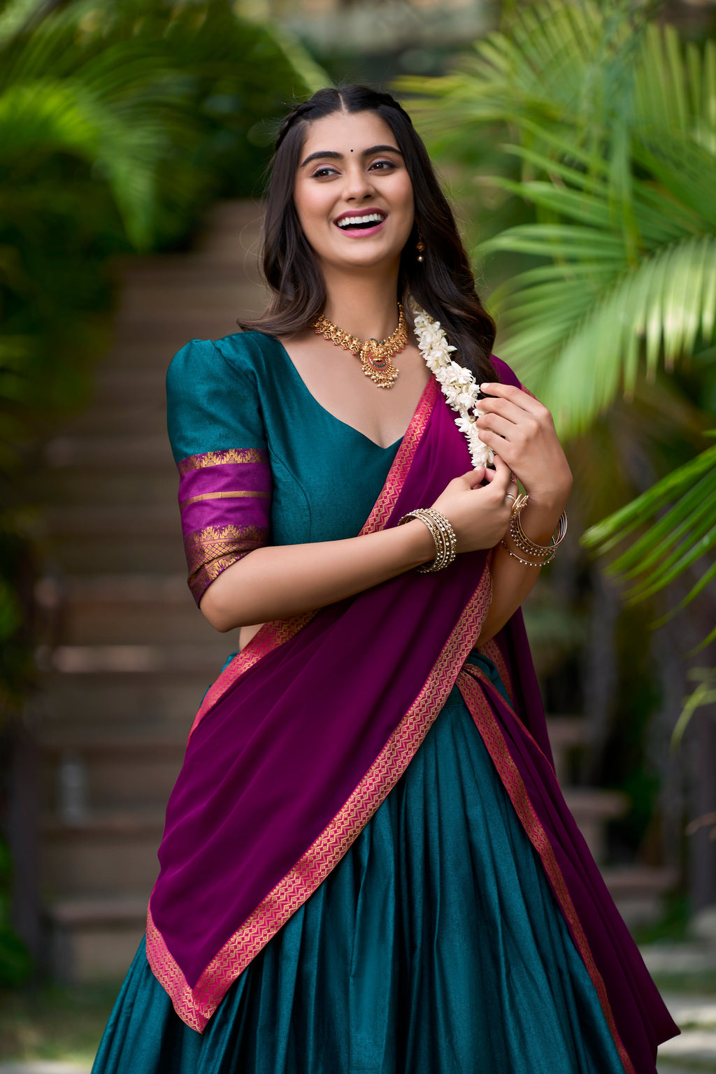 Teal blue poly cotton zari weaving half saree lehenga choli set