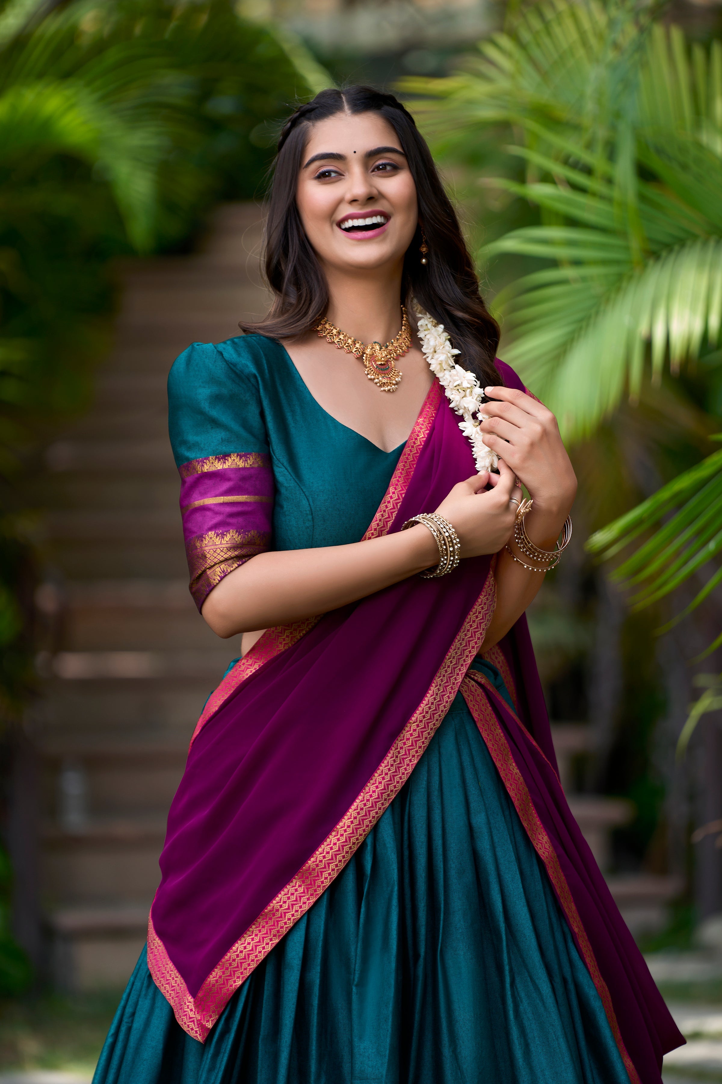 Teal blue poly cotton zari weaving half saree lehenga choli set
