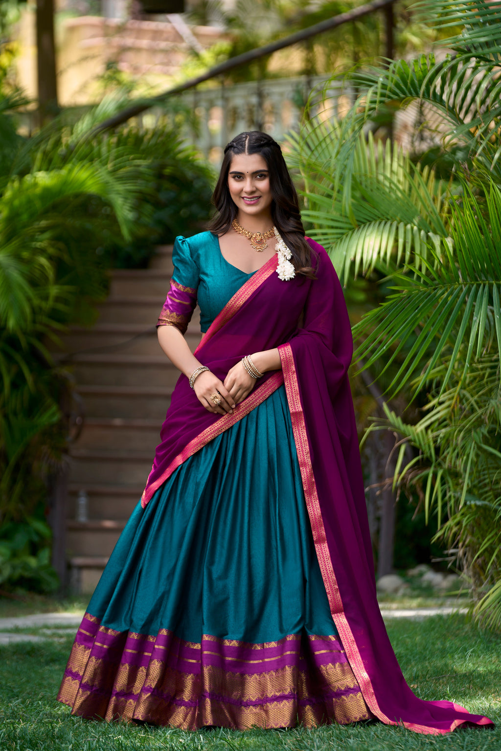 Teal blue poly cotton zari weaving half saree lehenga choli set