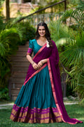 Teal blue poly cotton zari weaving half saree lehenga choli set