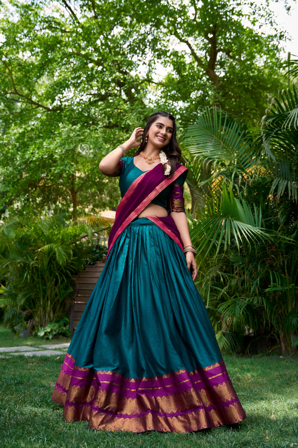 Teal blue poly cotton zari weaving half saree lehenga choli set