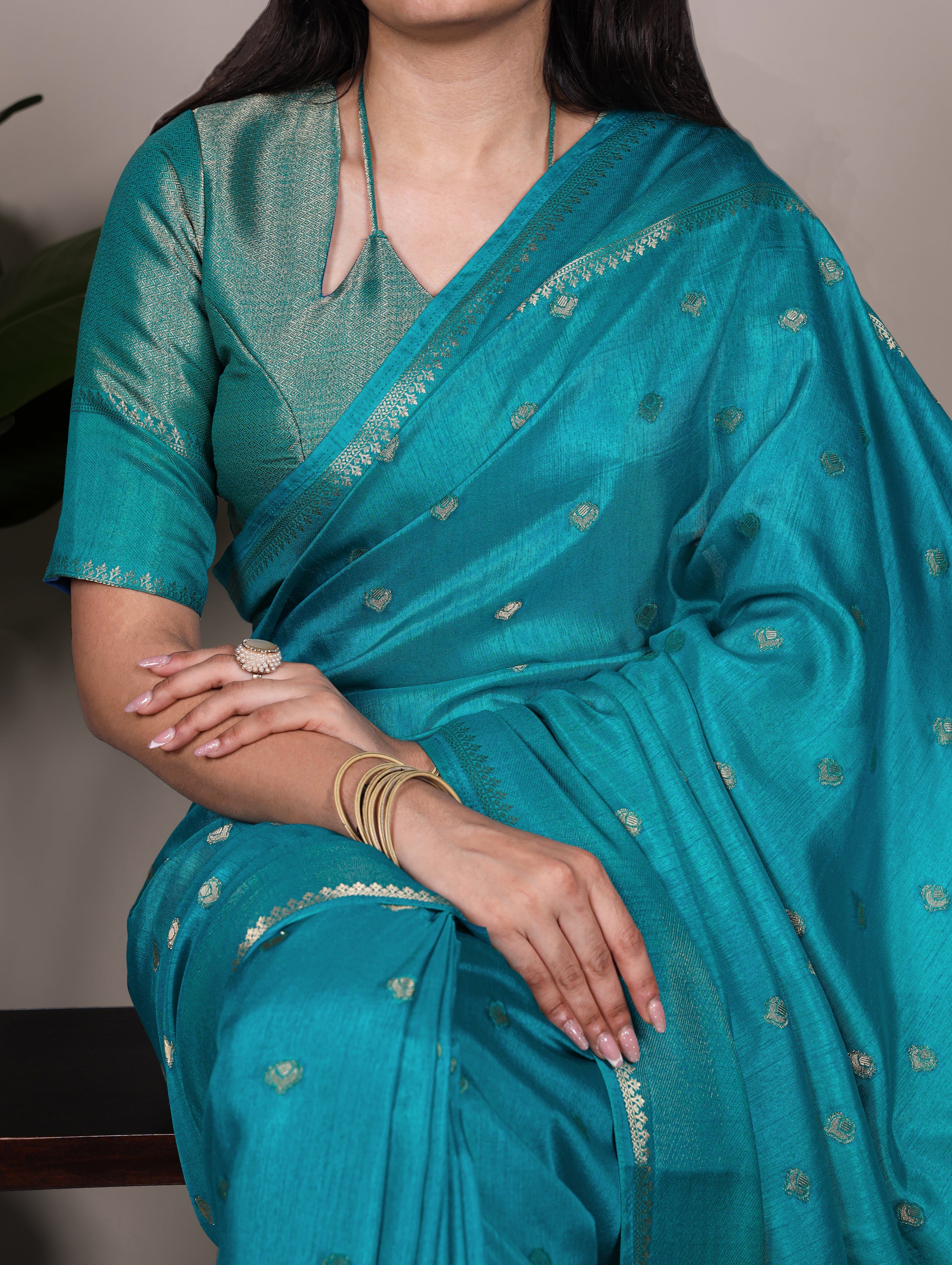 Teal blue Roop silk zari weaving saree with unstitched blouse