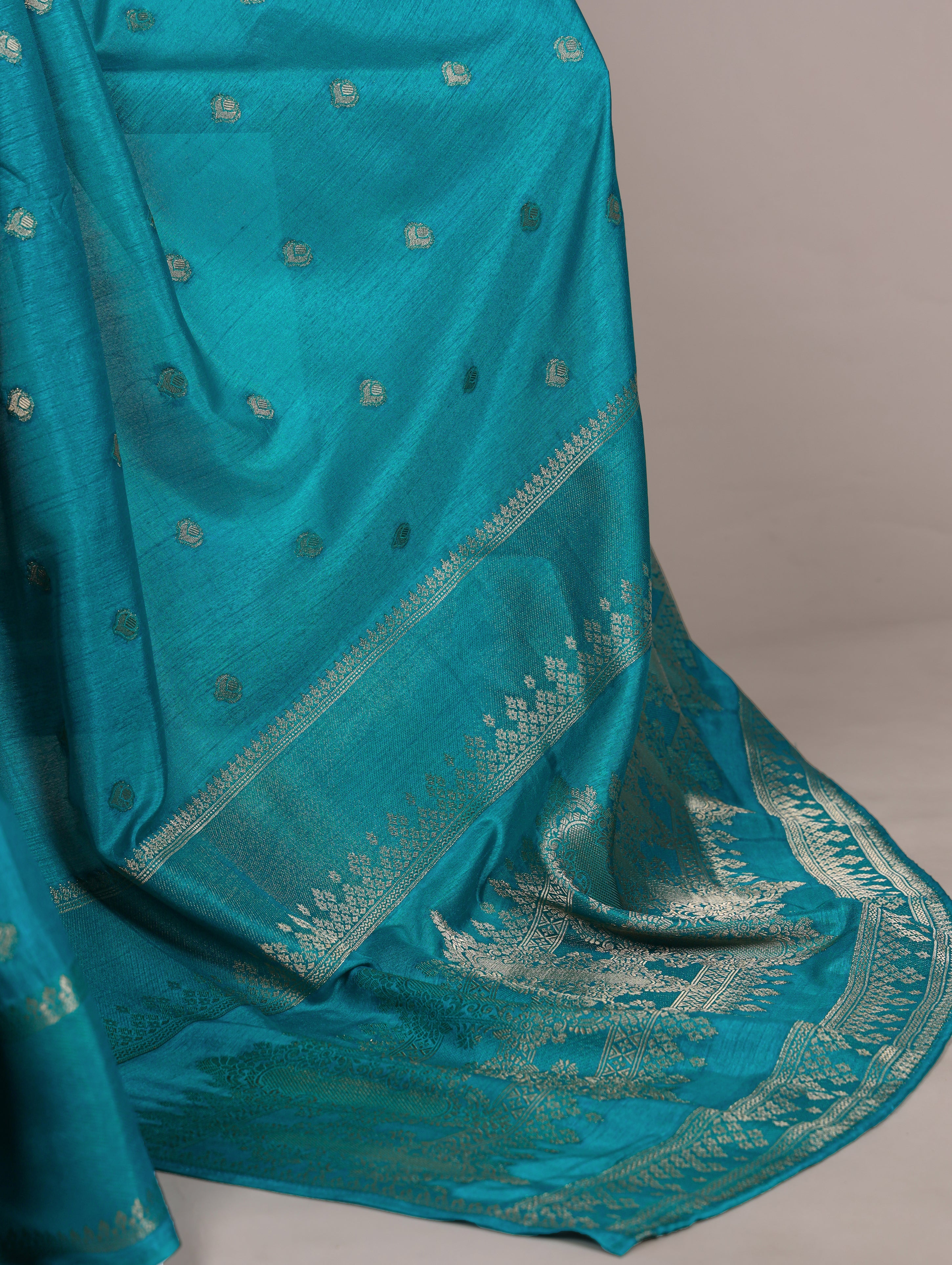 Teal blue Roop silk zari weaving saree with unstitched blouse