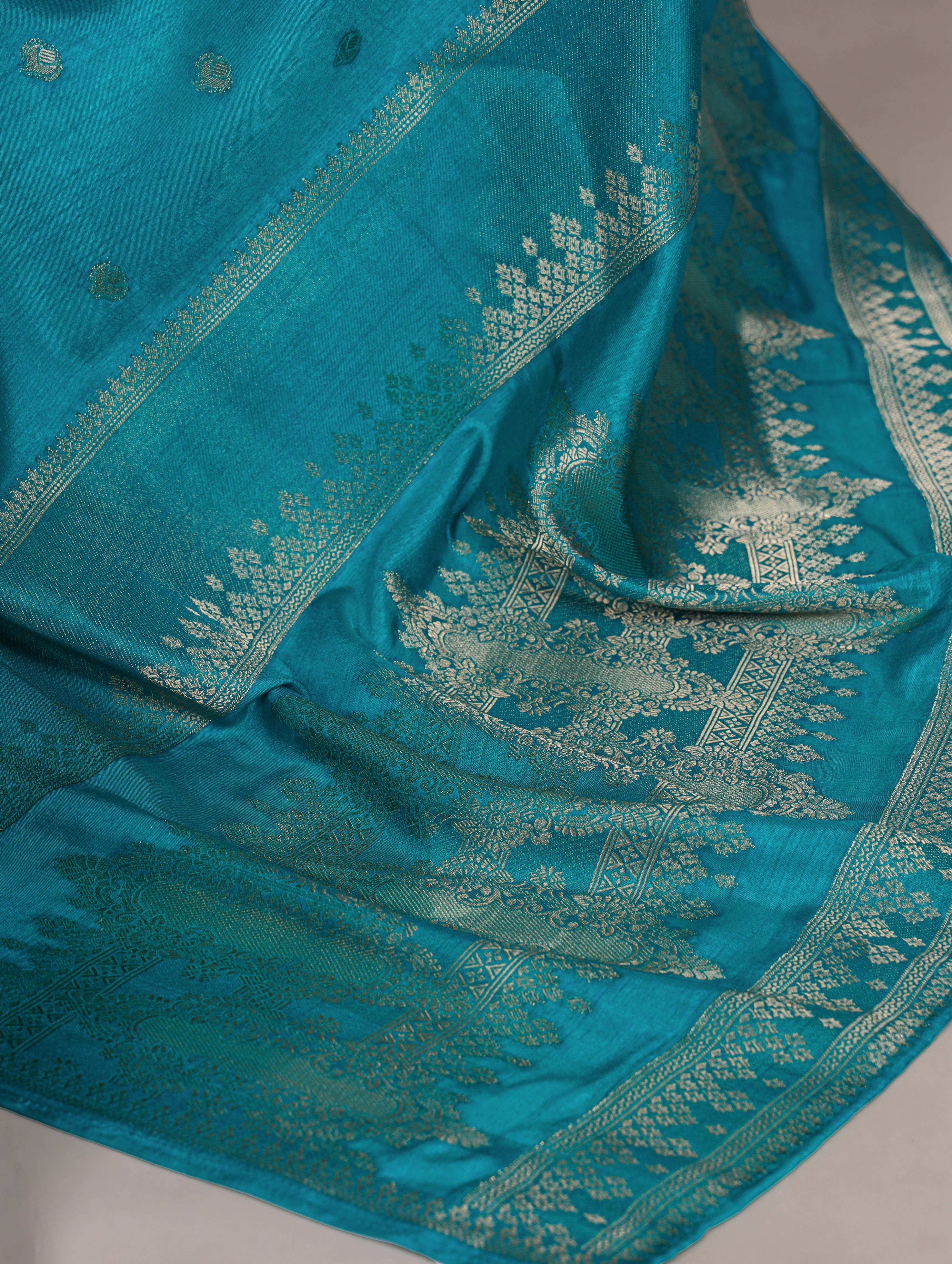 Teal blue Roop silk zari weaving saree with unstitched blouse