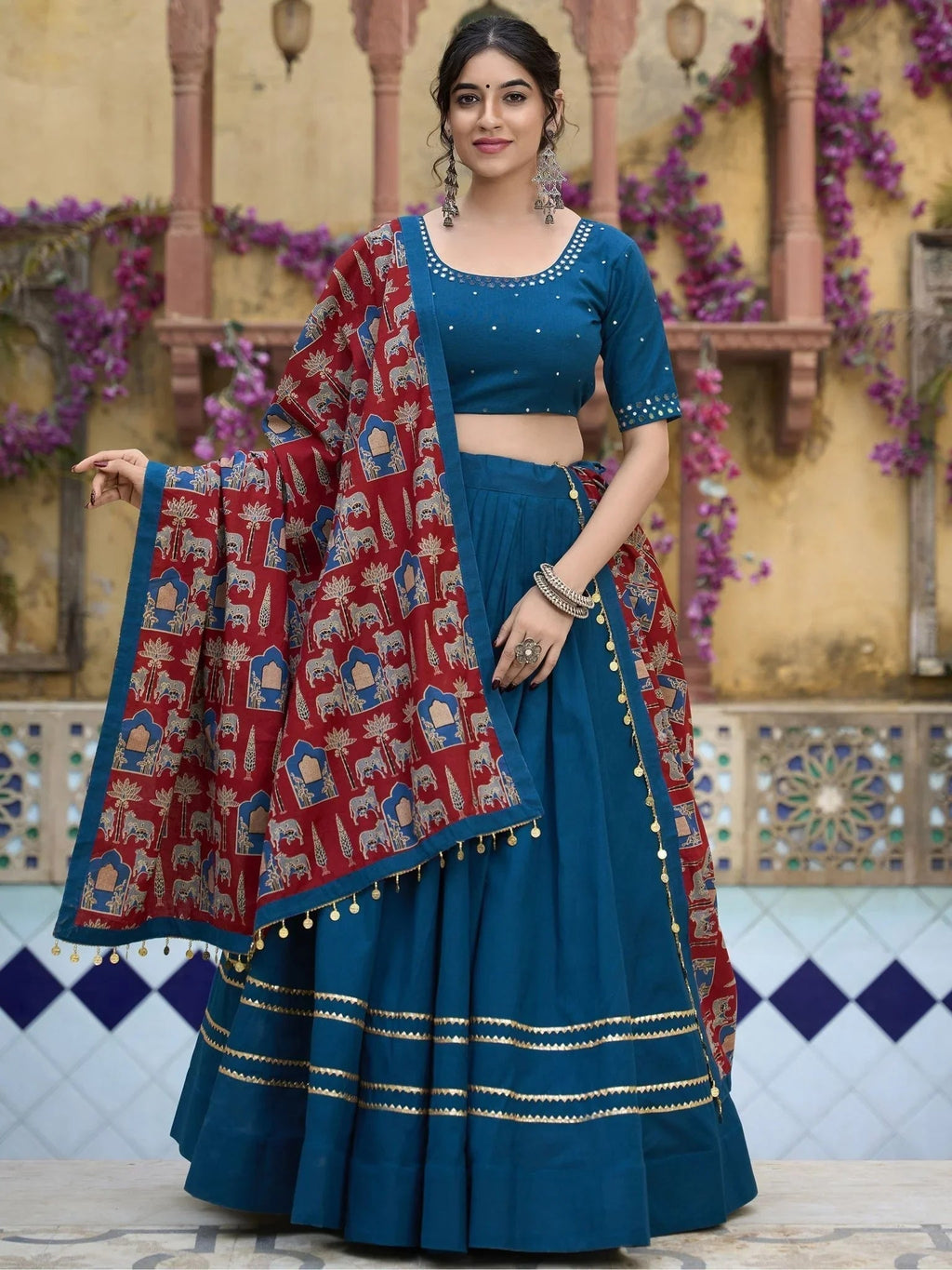 Teal blue pure cotton lehenga choli with coin lace border and purse
