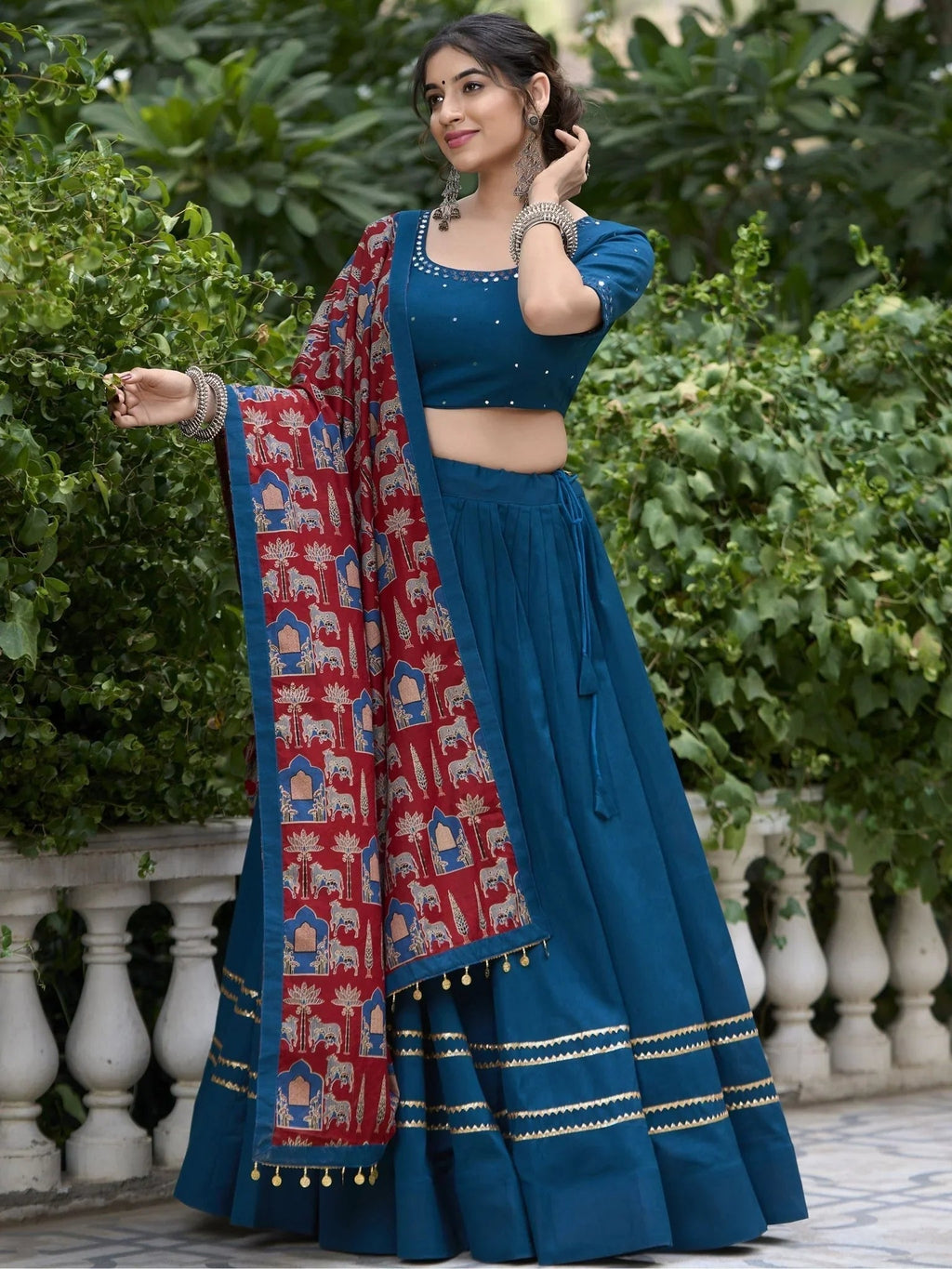 Teal blue pure cotton lehenga choli with coin lace border and purse