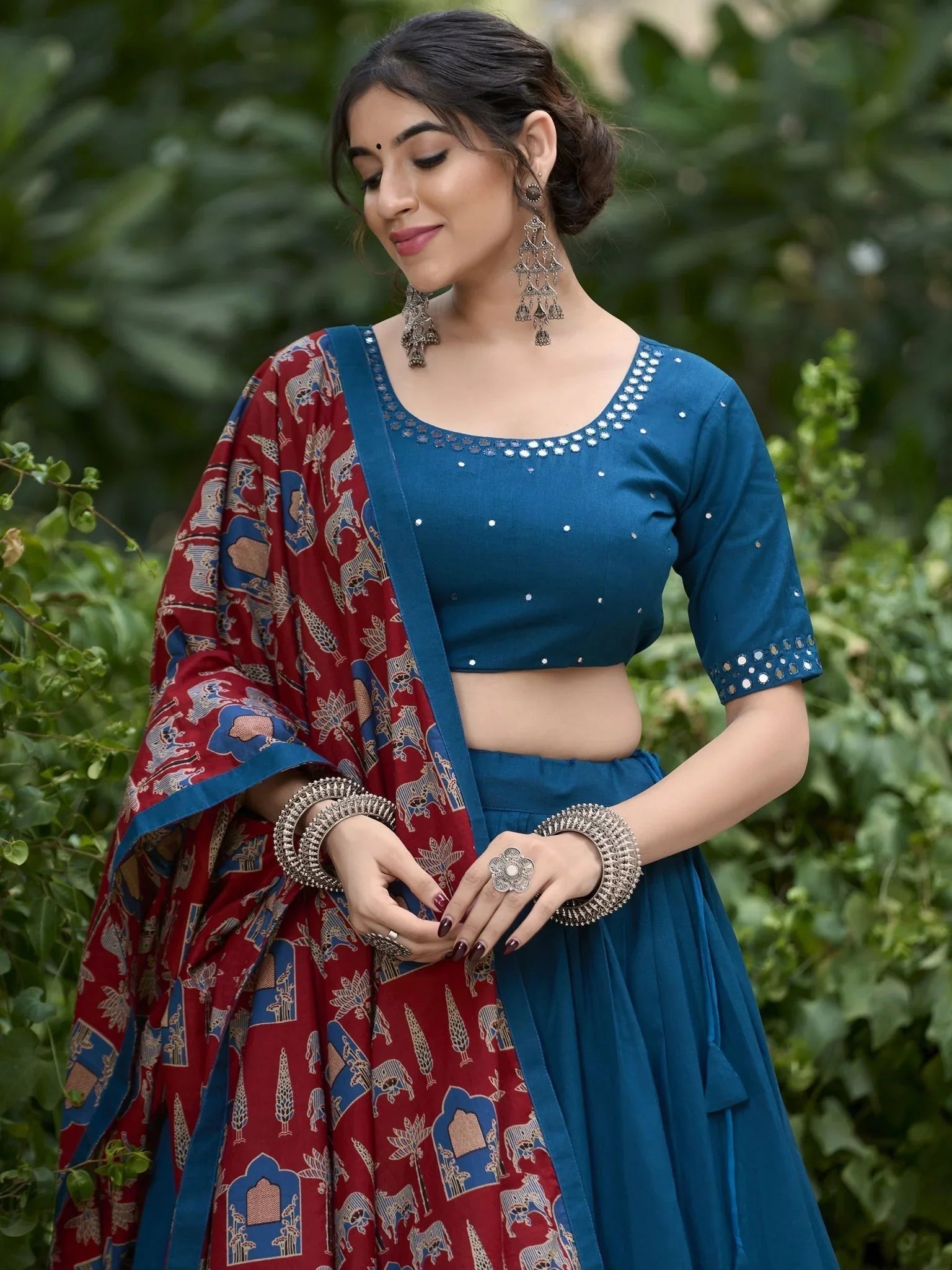 Teal blue pure cotton lehenga choli with coin lace border and purse
