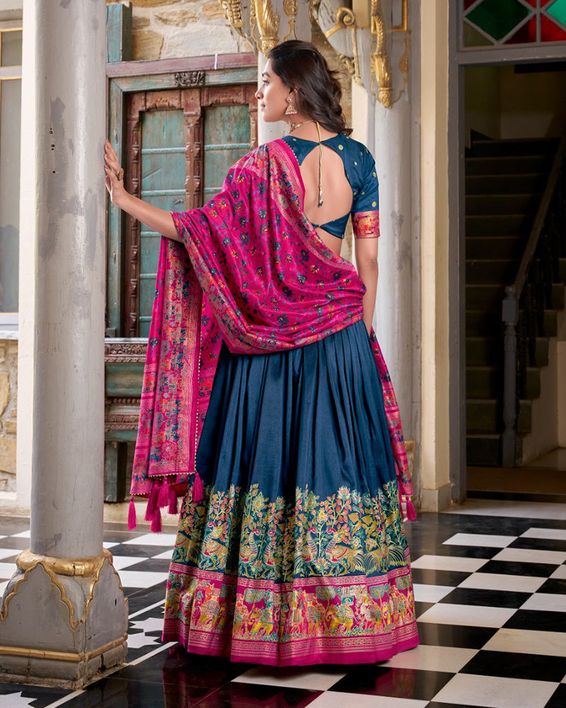 Teal blue silk half saree lehenga with printed design and Foli work