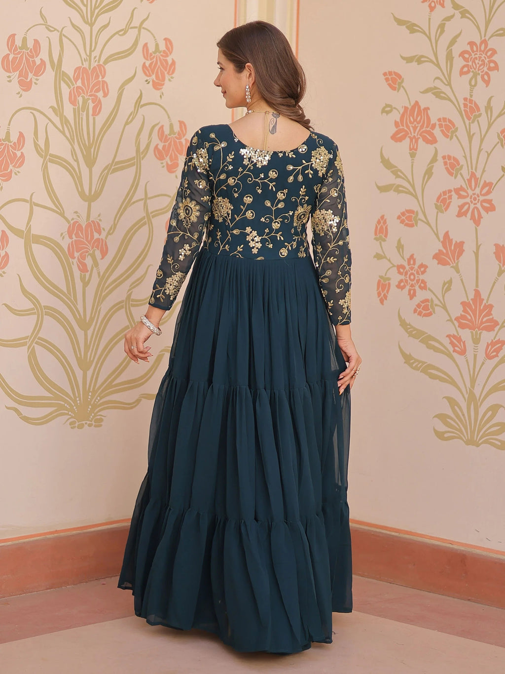 Teal green faux blooming embroidered sequins zari work gown