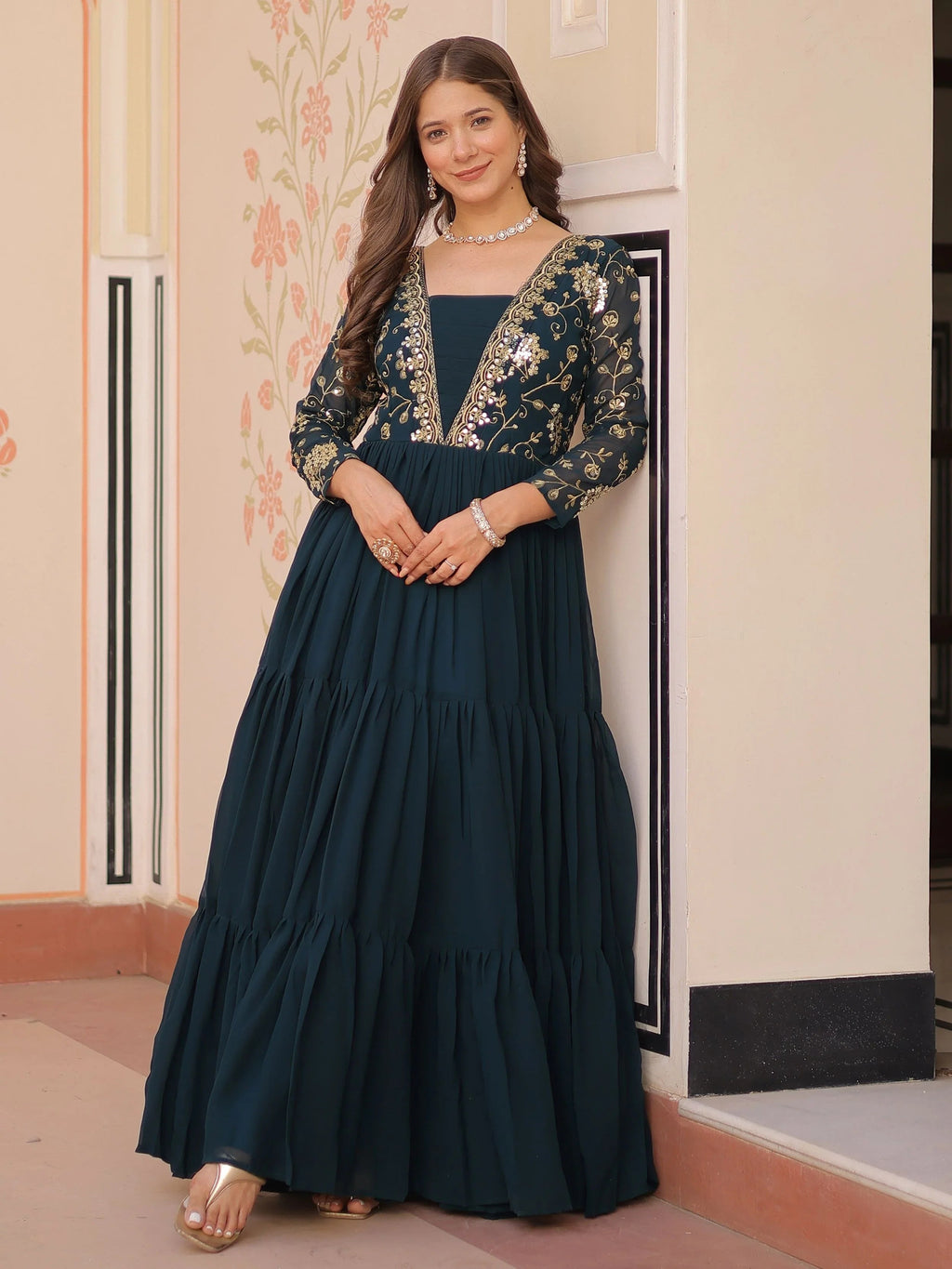 Teal green faux blooming embroidered sequins zari work gown