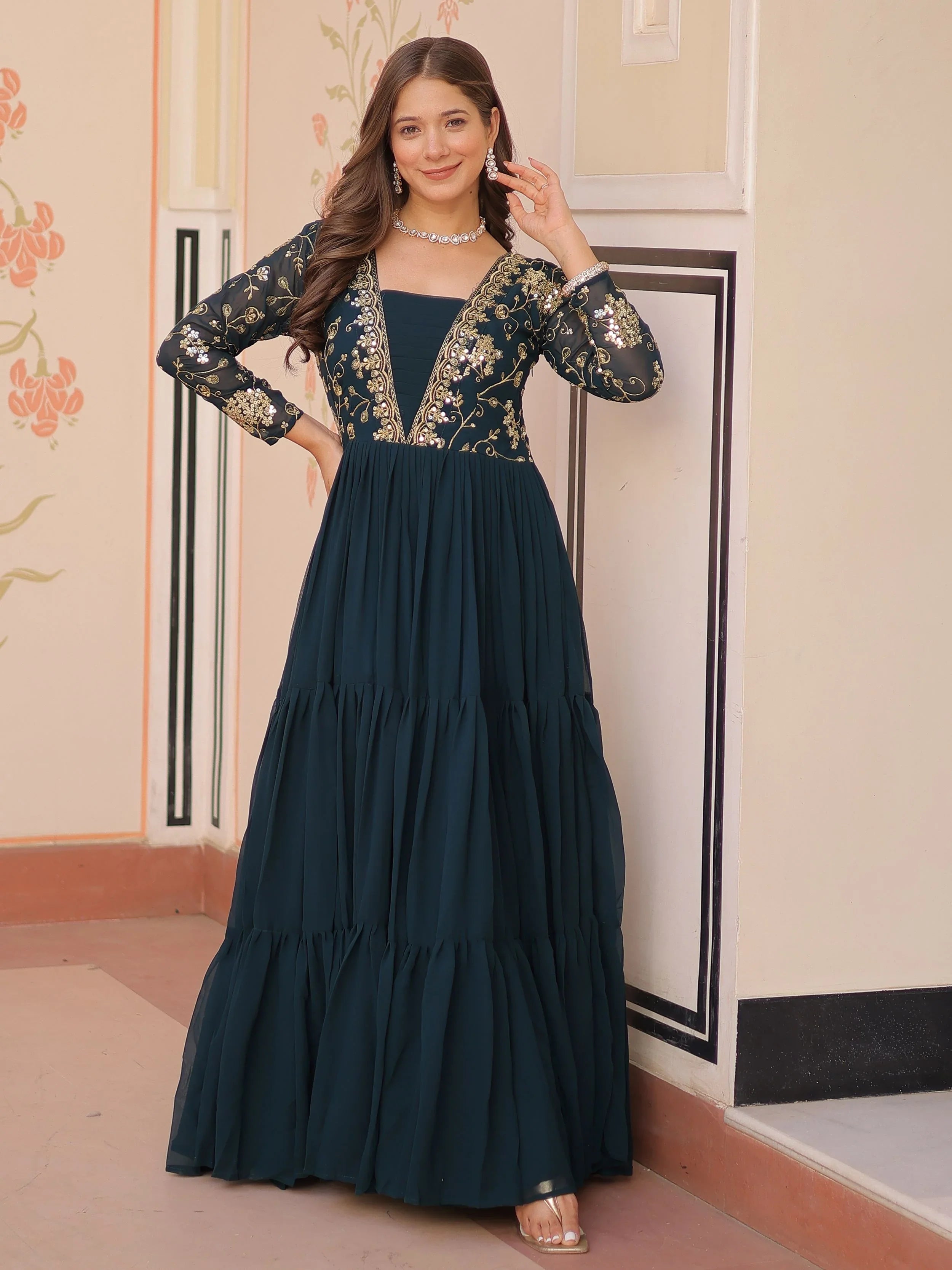 Teal green faux blooming embroidered sequins zari work gown