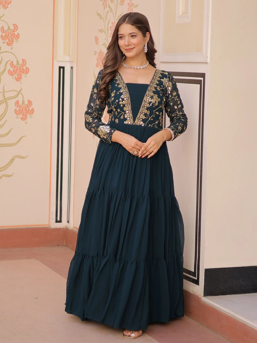 Teal green faux blooming embroidered sequins zari work gown