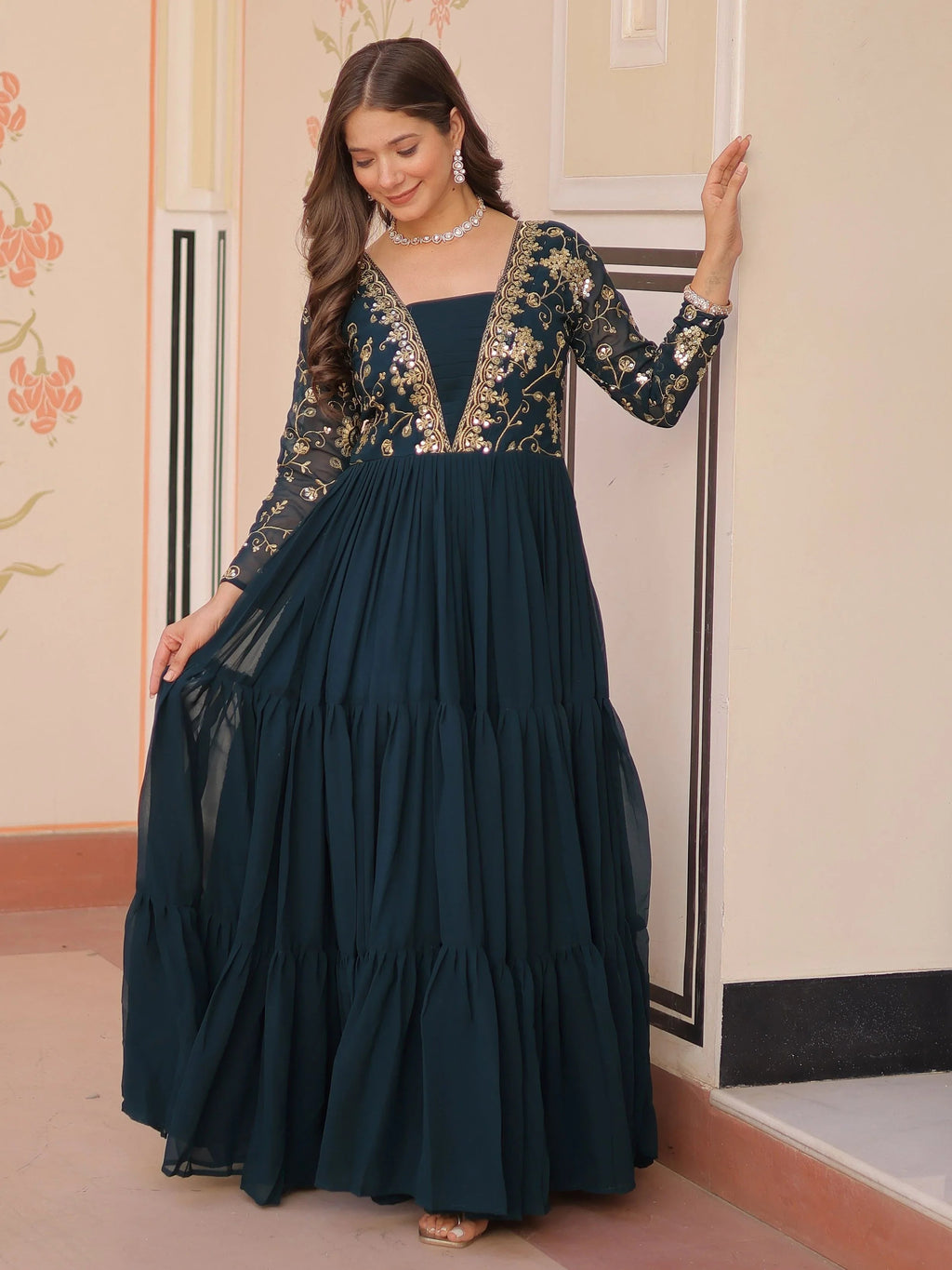 Teal green faux blooming embroidered sequins zari work gown