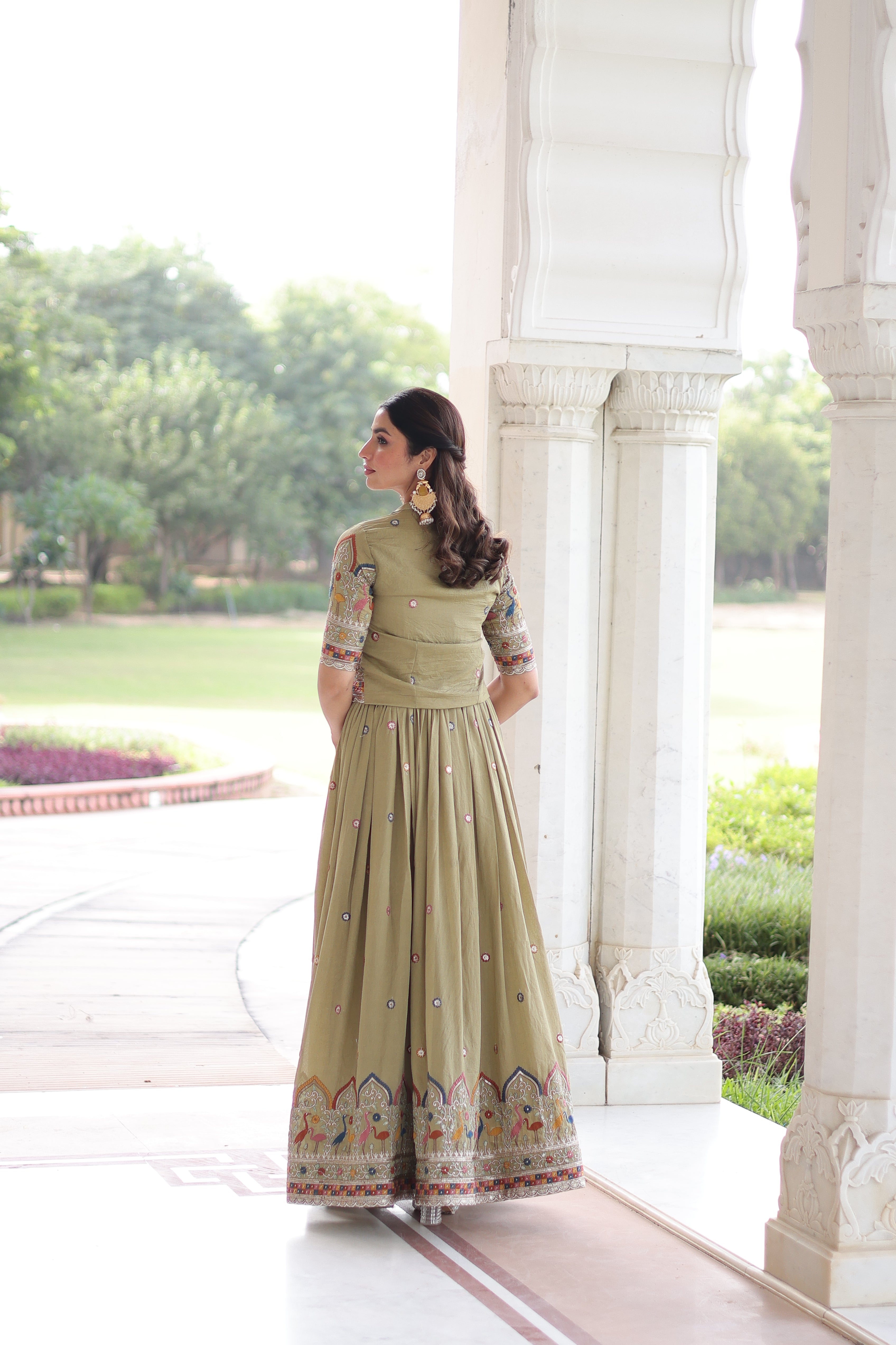 Tivya pista green Vichitra silk gown with zari sequins thread embroidery and koti