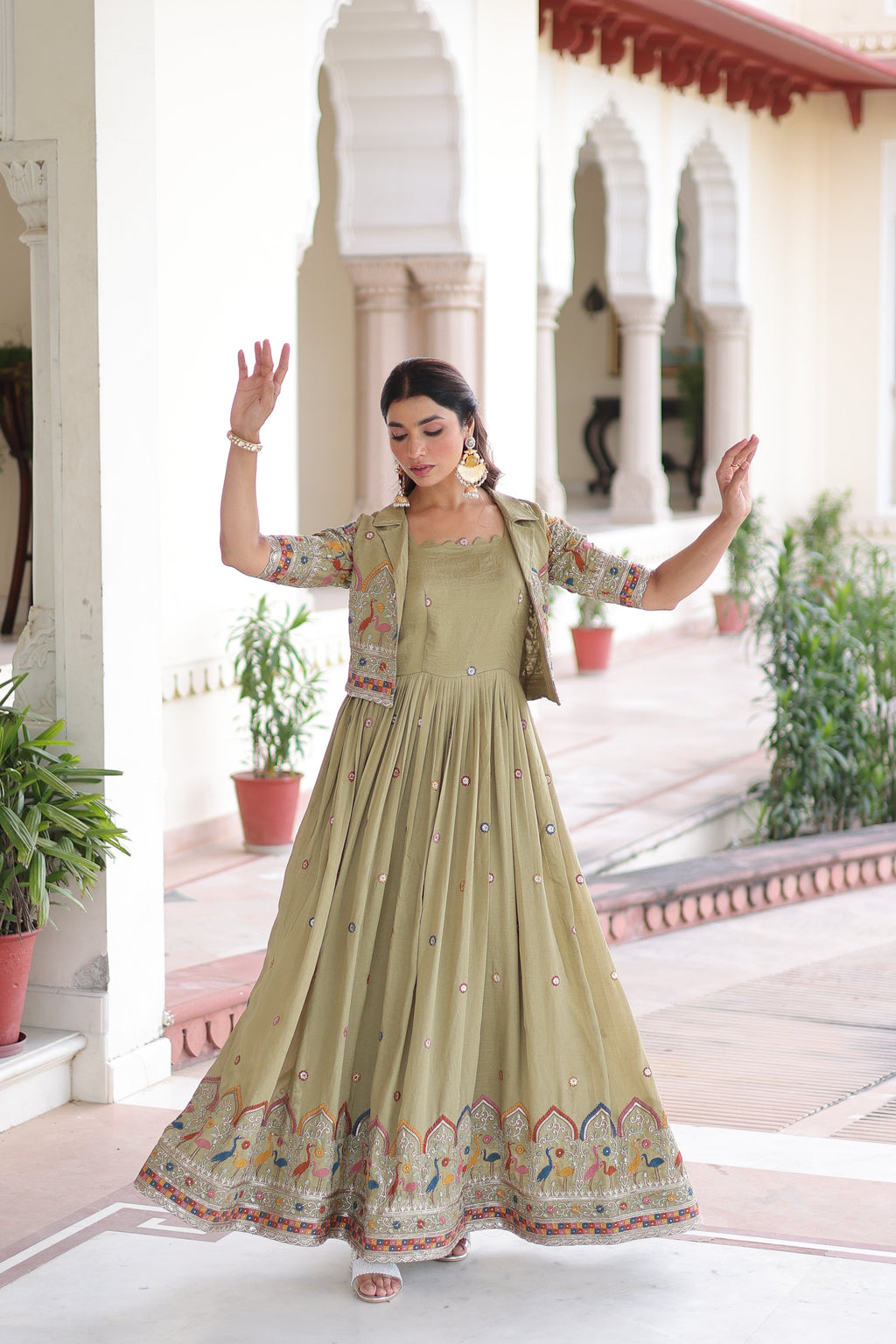 Tivya pista green Vichitra silk gown with zari sequins thread embroidery and koti