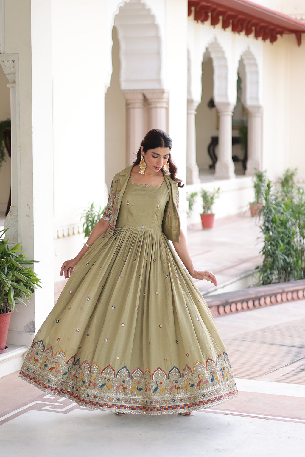 Tivya pista green Vichitra silk gown with zari sequins thread embroidery and koti