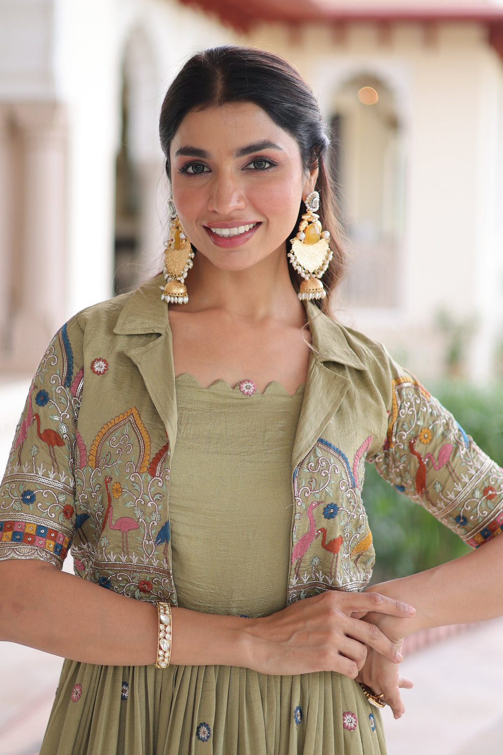 Tivya pista green Vichitra silk gown with zari sequins thread embroidery and koti