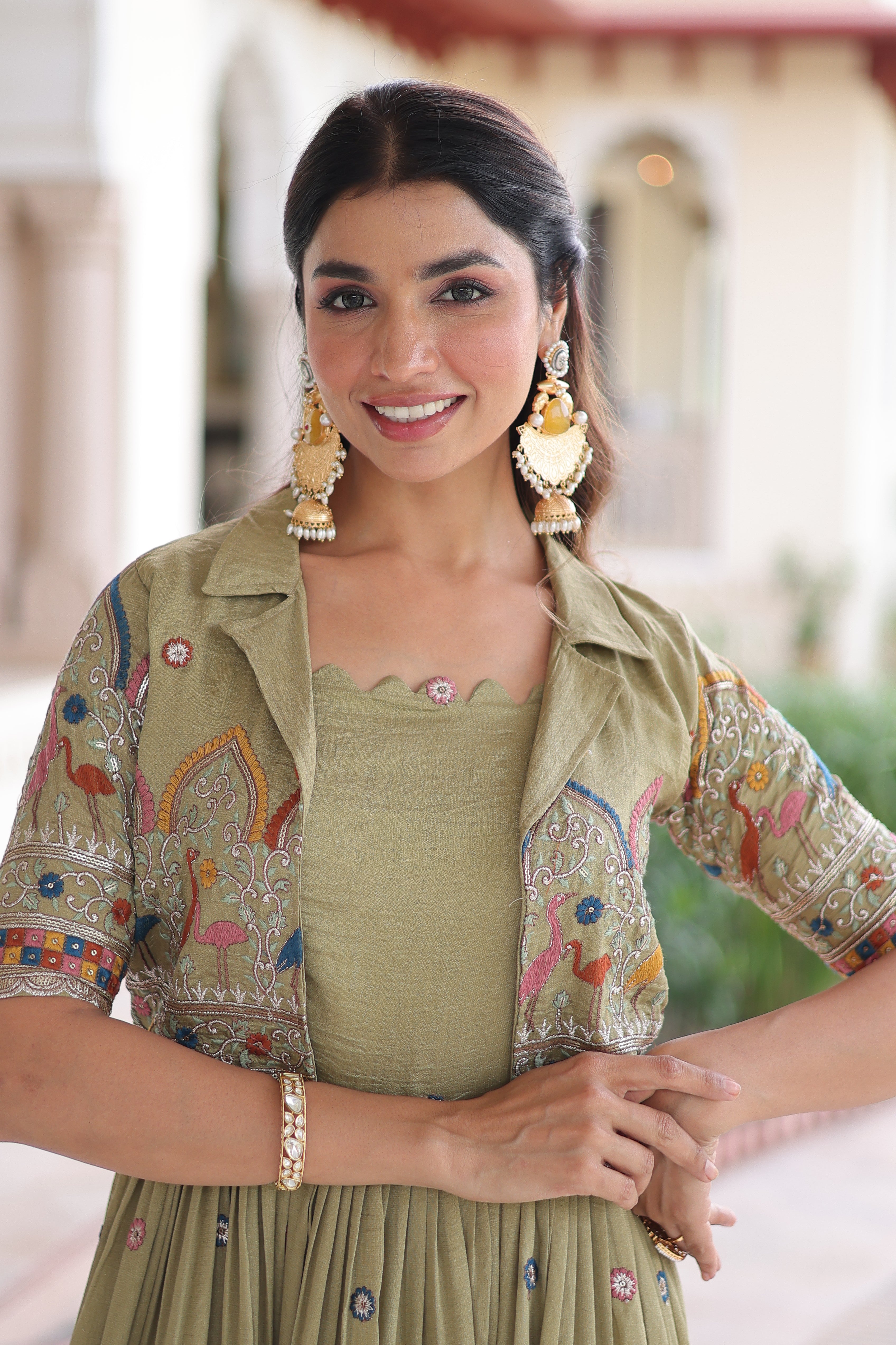 Tivya pista green Vichitra silk gown with zari sequins thread embroidery and koti