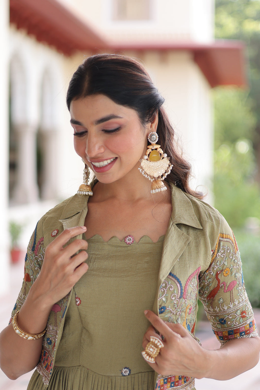 Tivya pista green Vichitra silk gown with zari sequins thread embroidery and koti