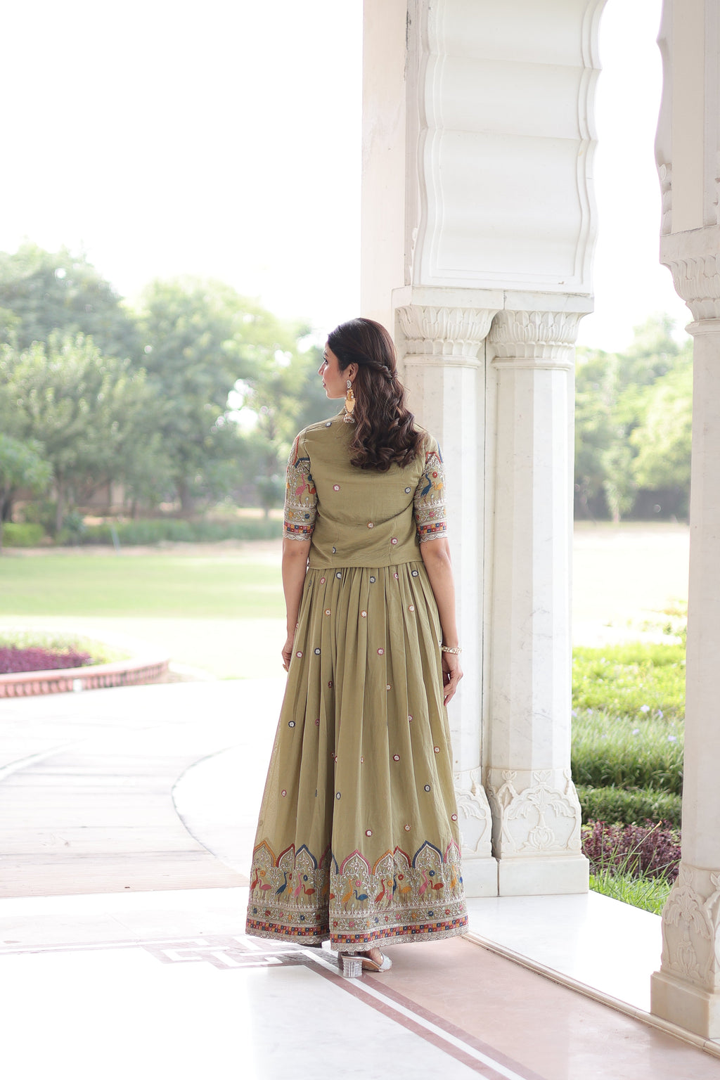 Tivya pista green Vichitra silk gown with zari sequins thread embroidery and koti