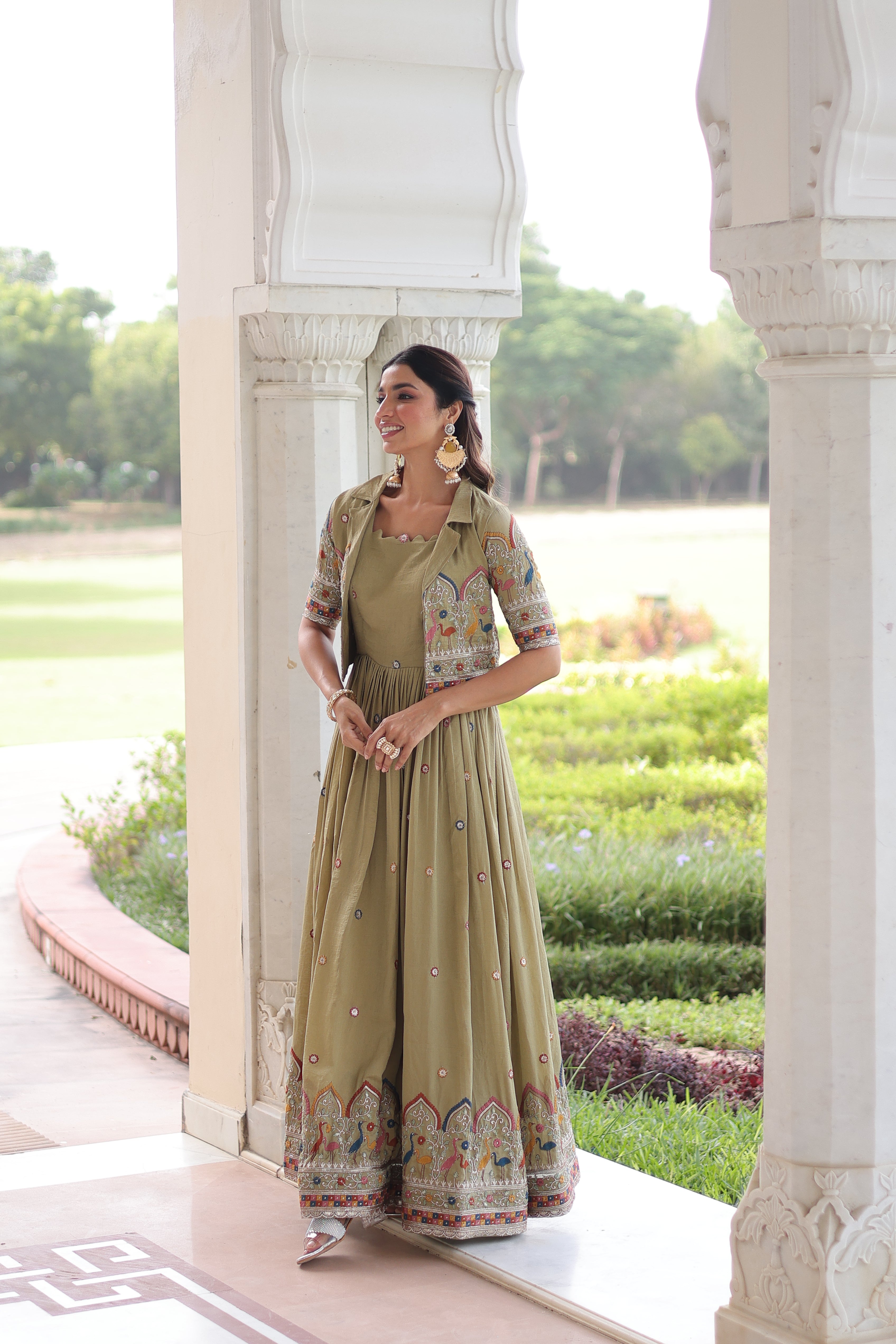 Tivya pista green Vichitra silk gown with zari sequins thread embroidery and koti