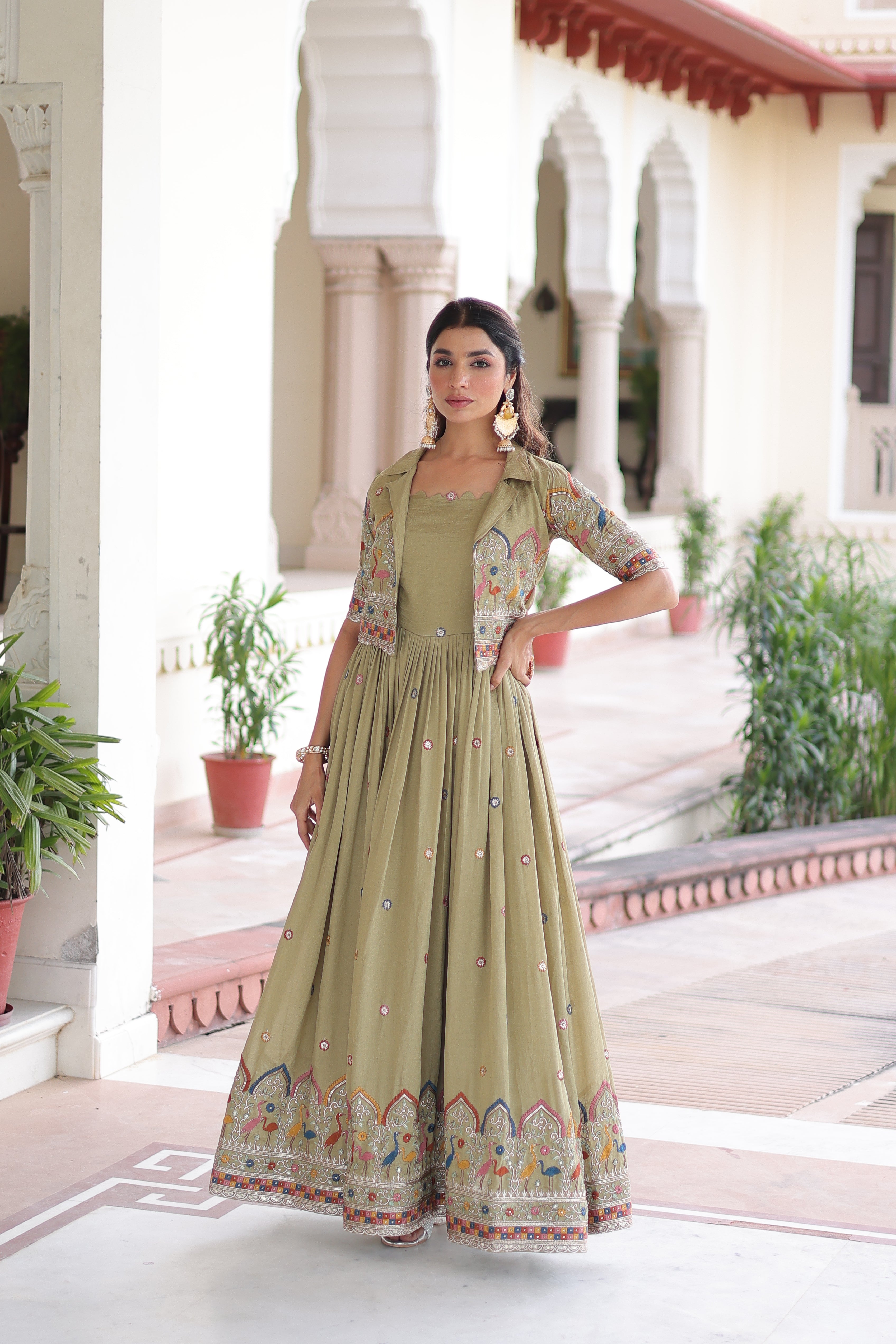 Tivya pista green Vichitra silk gown with zari sequins thread embroidery and koti